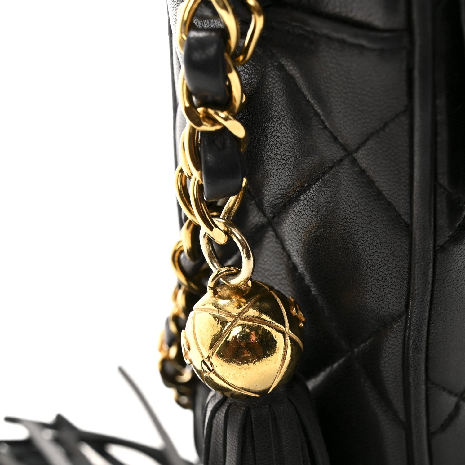 Lambskin Quilted Flap Camera Tassel Case Black