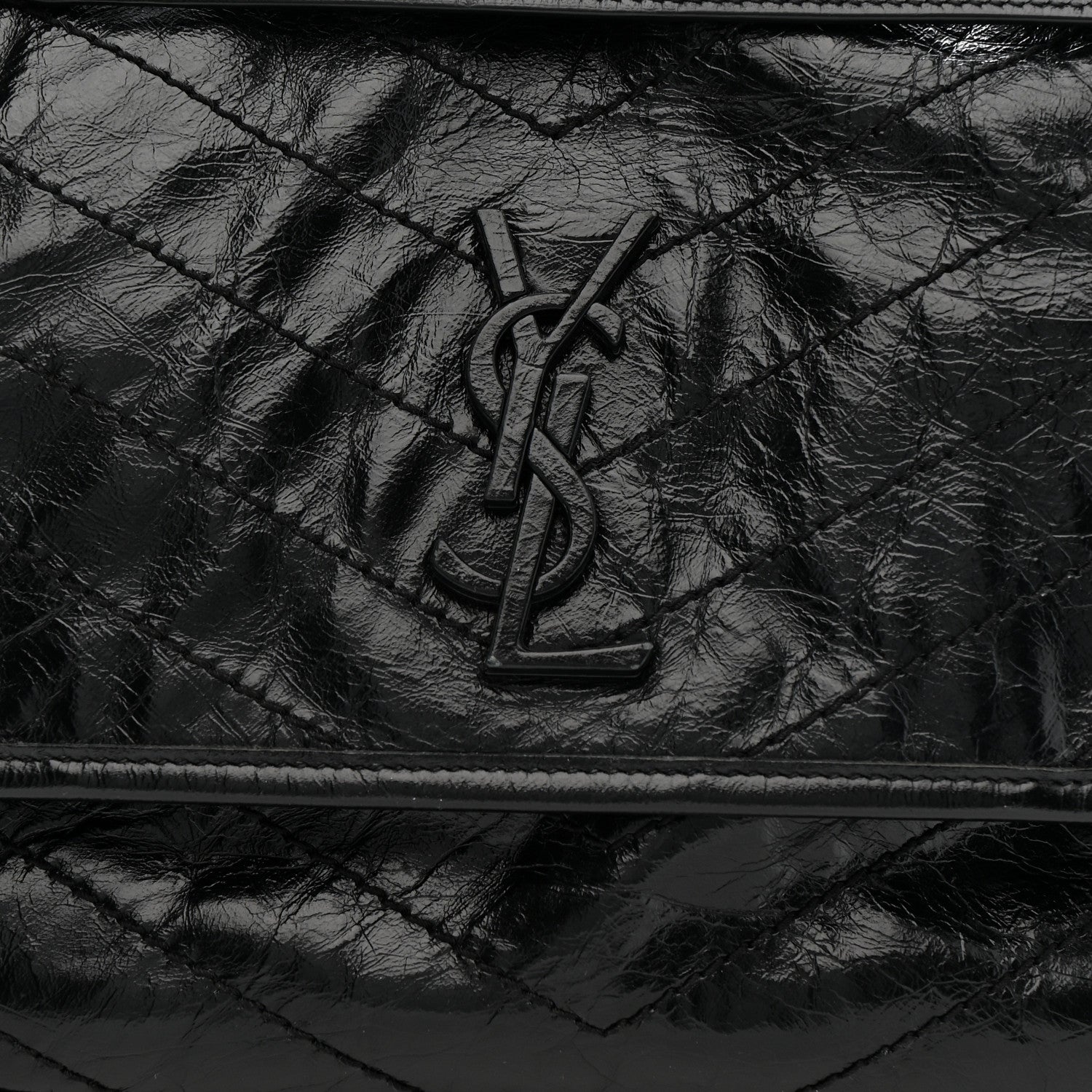 Crinkled Calfskin Matelasse Monogram Medium Niki Chain Satchel Black