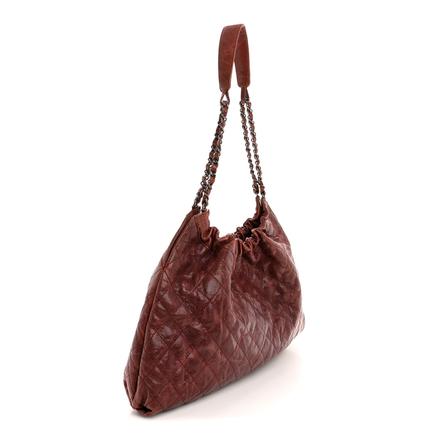 Crumpled Grained Calfskin Quilted Medium Elastic Tote Burgundy
