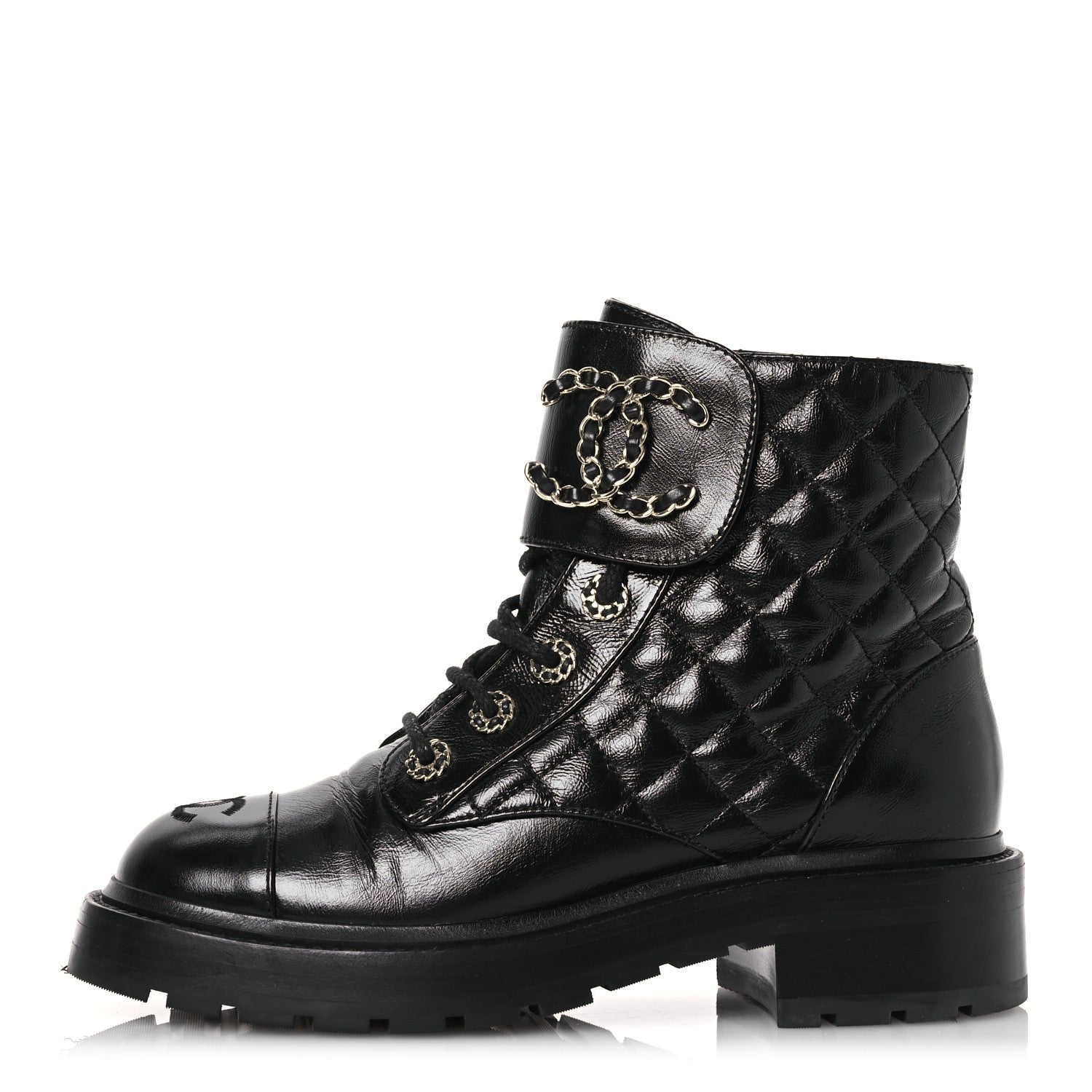 Shiny Calfskin Quilted Lace Up Combat Boots 37 Black