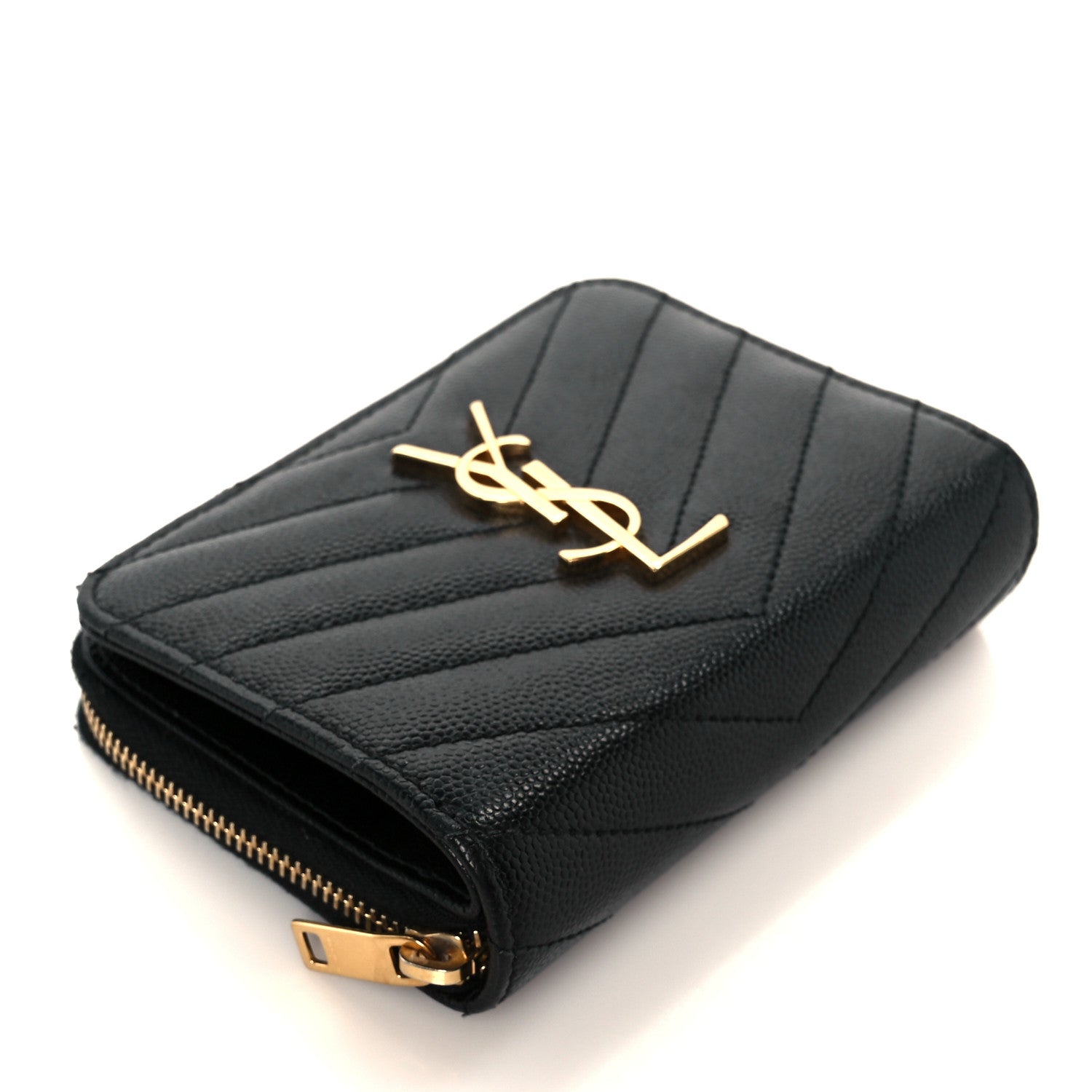 Grain De Poudre Matelasse Chevron Monogram Compact Zip Around Wallet Black