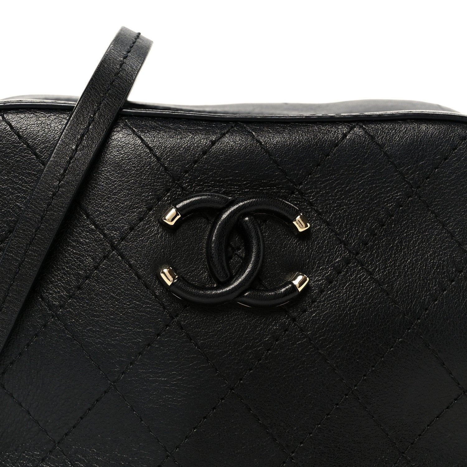 Calfskin Stitched Covered CC Camera Case Bag Black