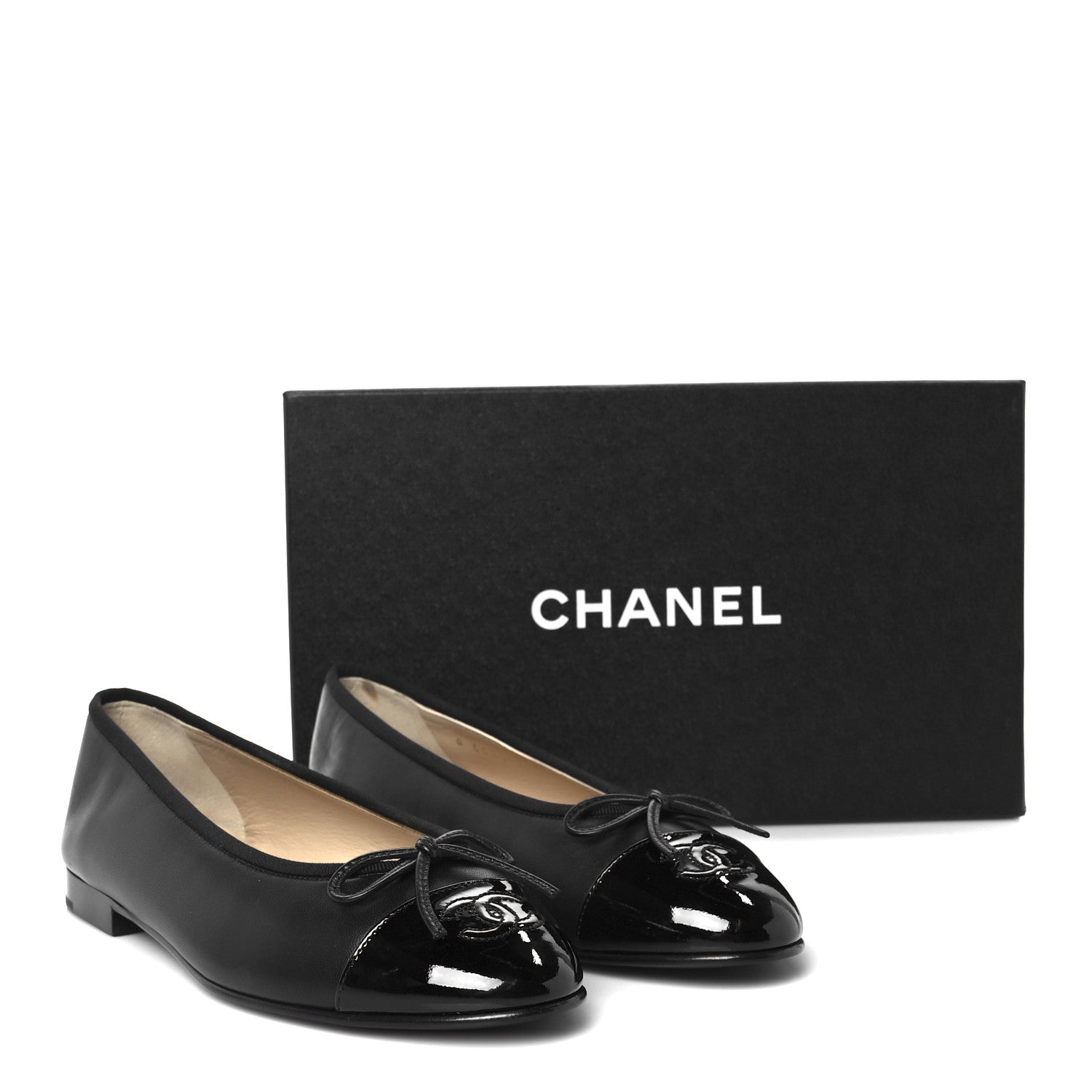 Lambskin Patent Cap Toe Ballerina Flats 38 Black