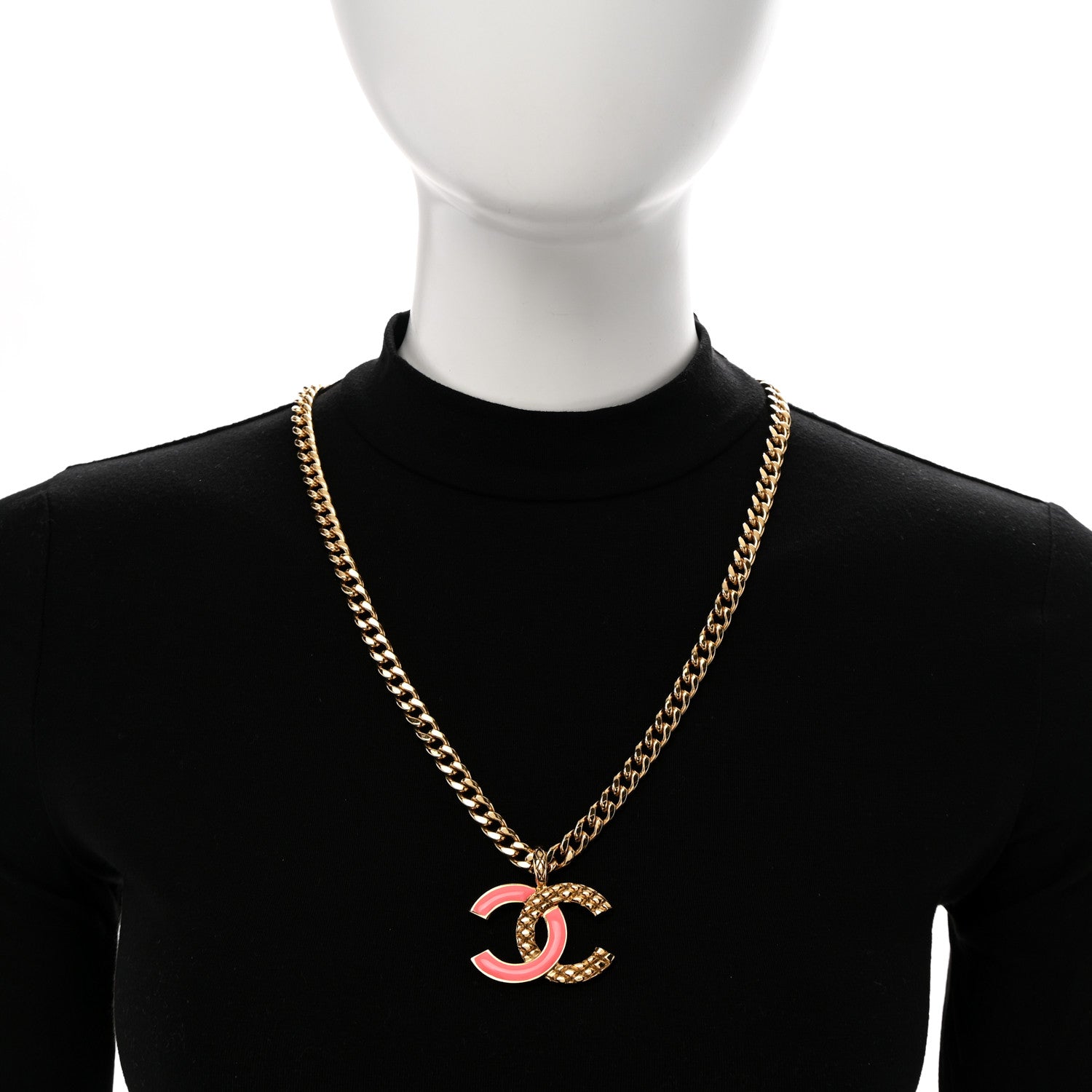 Metal Enamel Quilted CC Chain Necklace Pendant Gold Pink