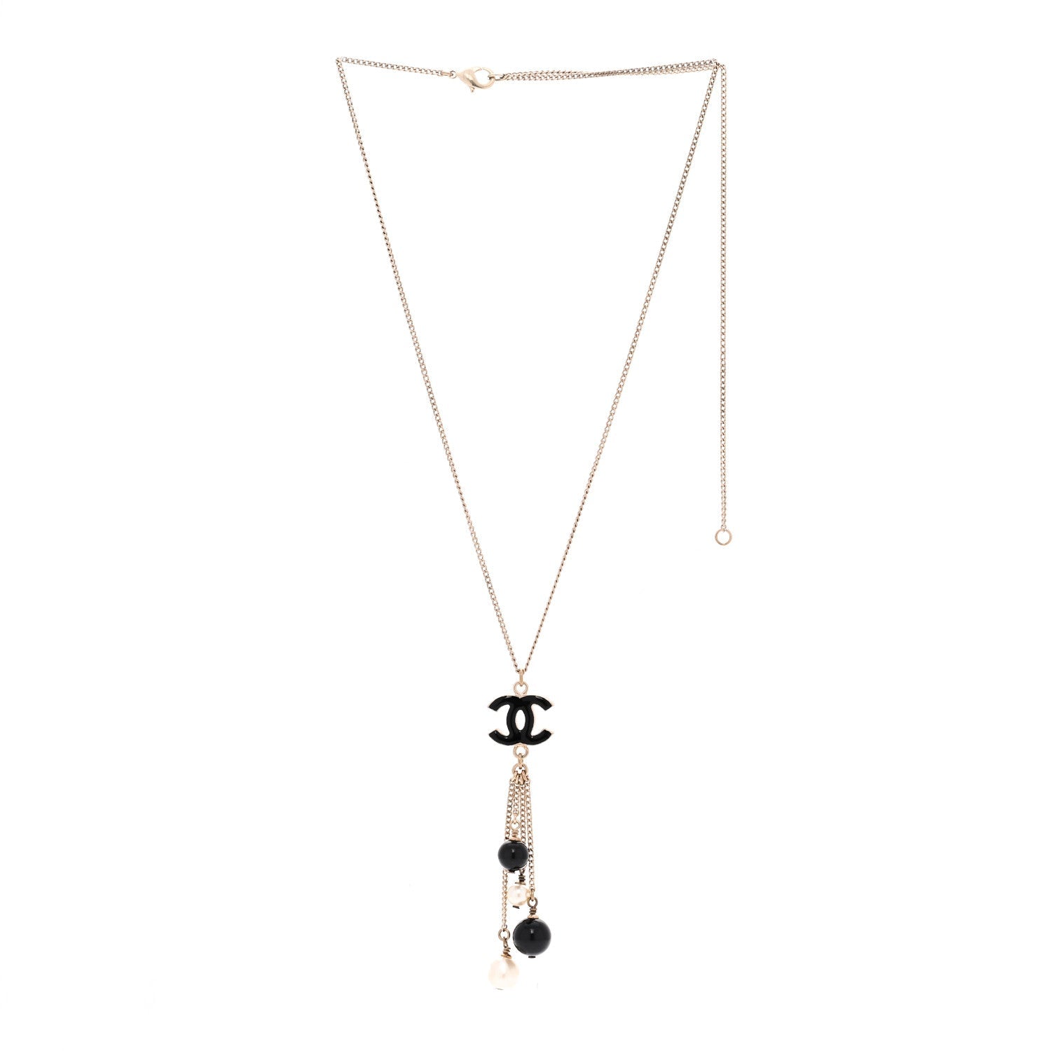 Enamel Bead Pearl CC Drop Necklace Black Gold