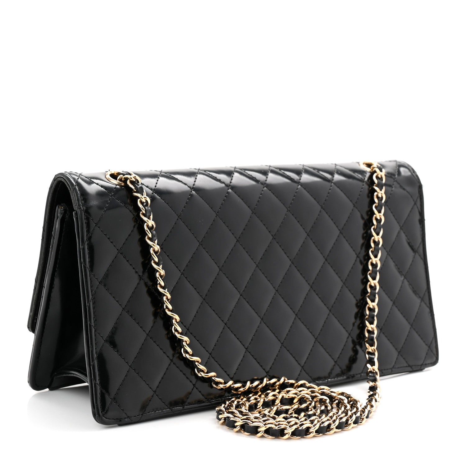 Patent Calfskin Quilted East West Flap Shoulder Bag Black