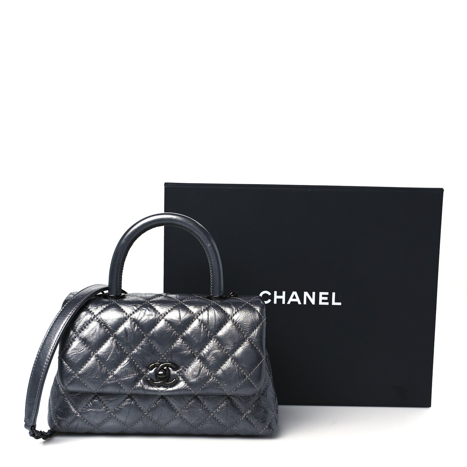 Metallic Aged Calfskin Quilted Mini Coco Handle Flap Charcoal