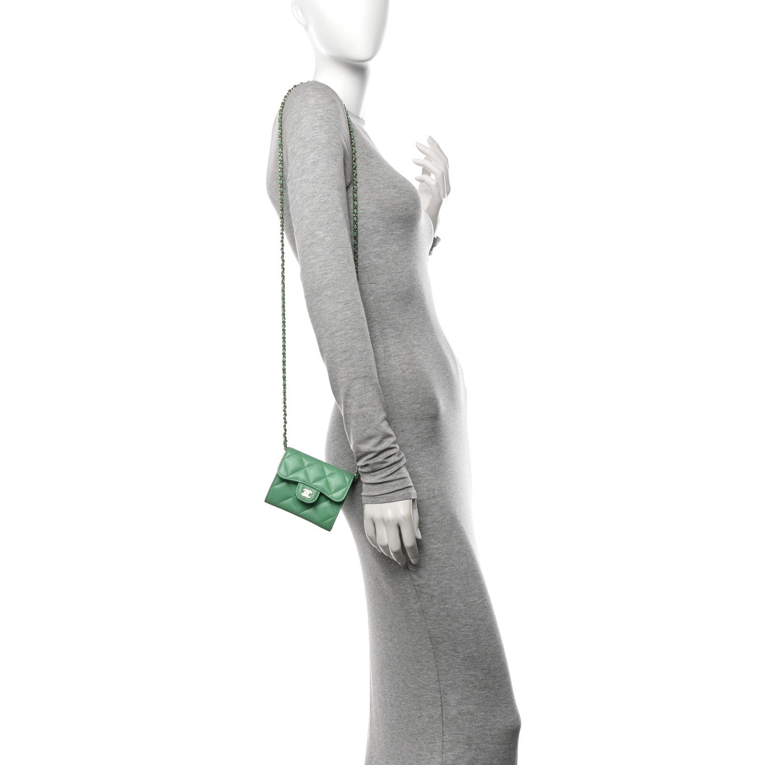 Caviar Quilted Flap Card Holder On Chain Light Green