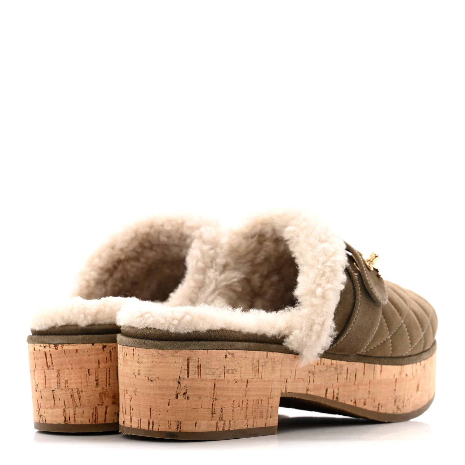 Suede Calfskin Shearling Turn Lock Clogs 38 Green