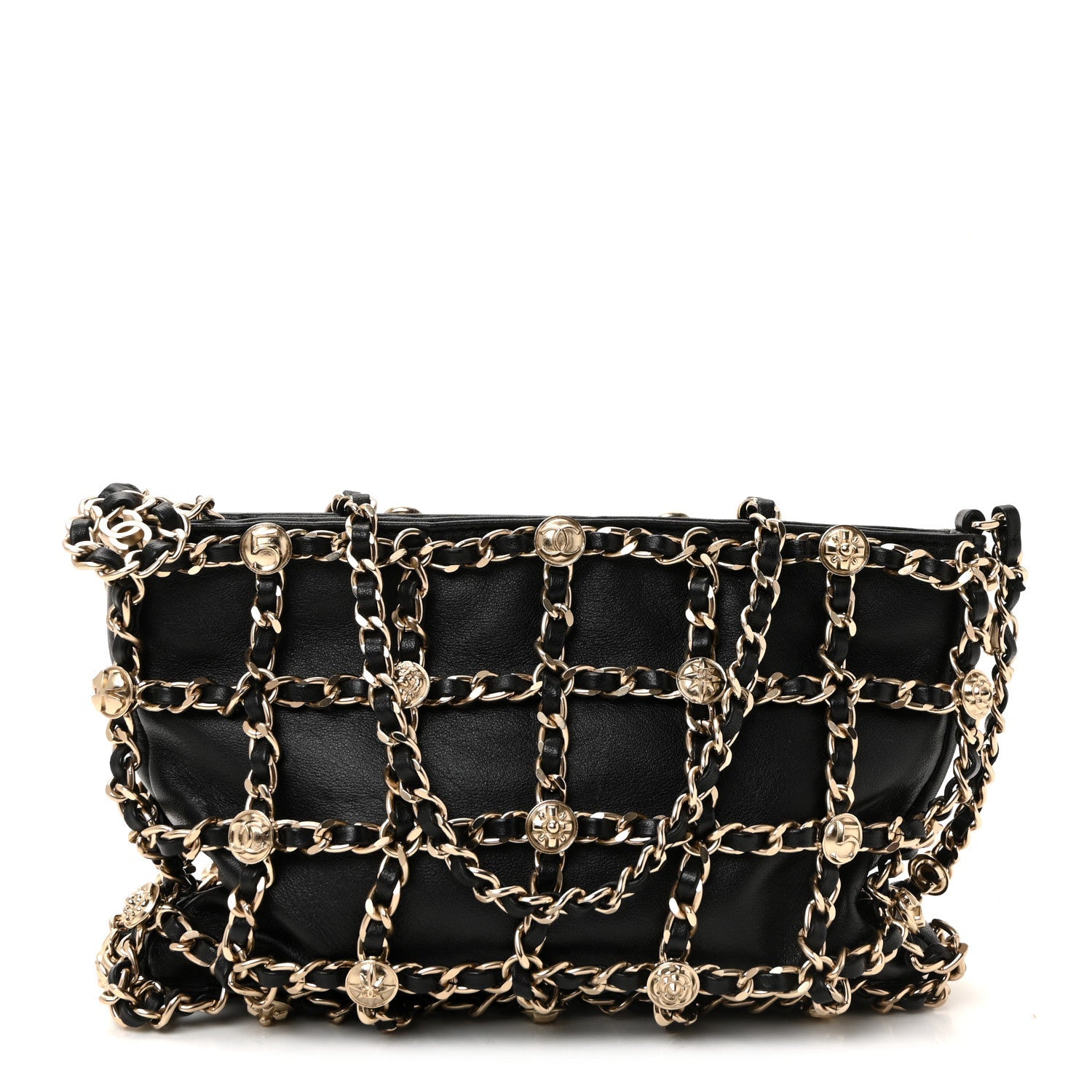 Lambskin Chain Frame Medallion Shoulder Bag Black