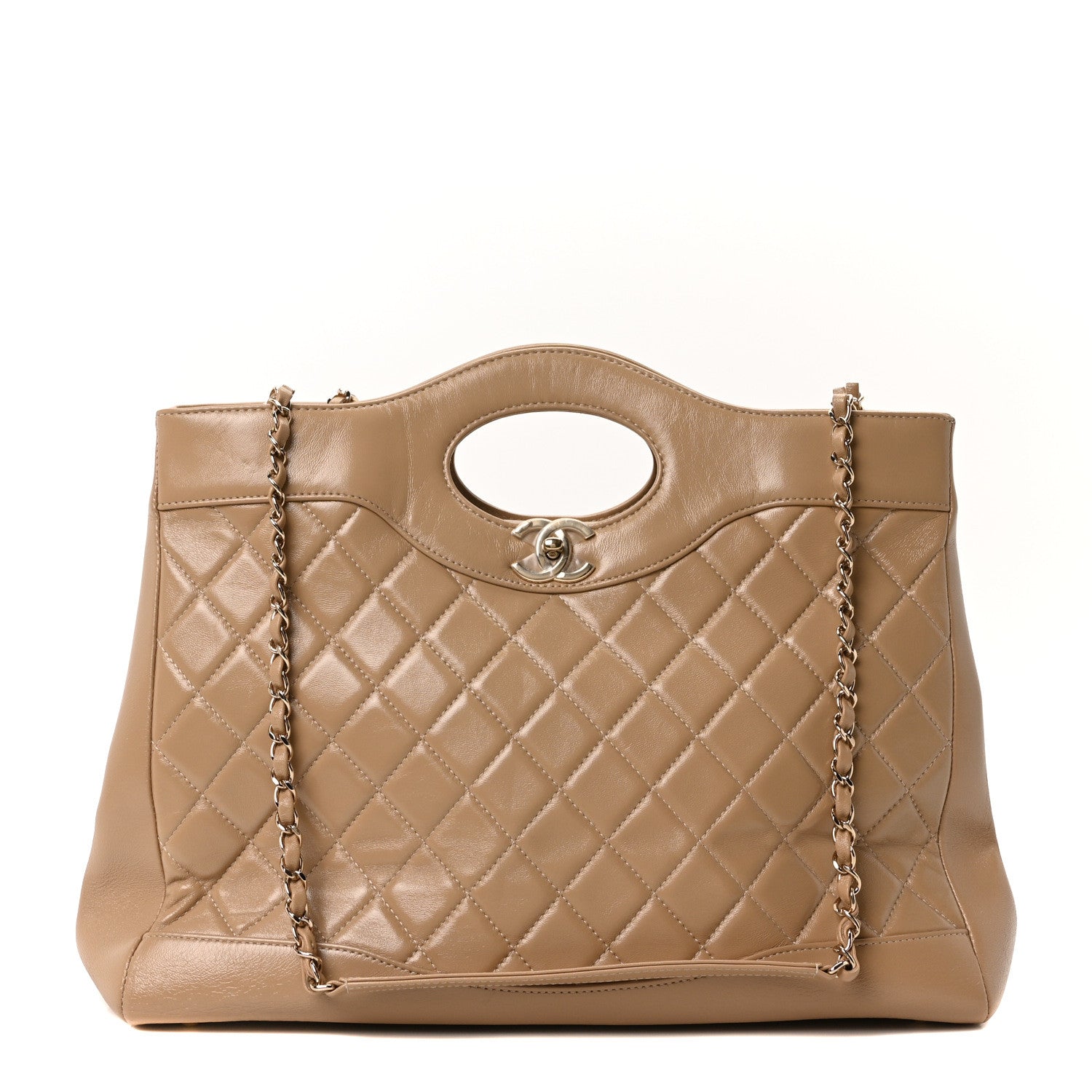Shiny Crumpled Calfskin Quilted Large 31 Shopping Bag Beige