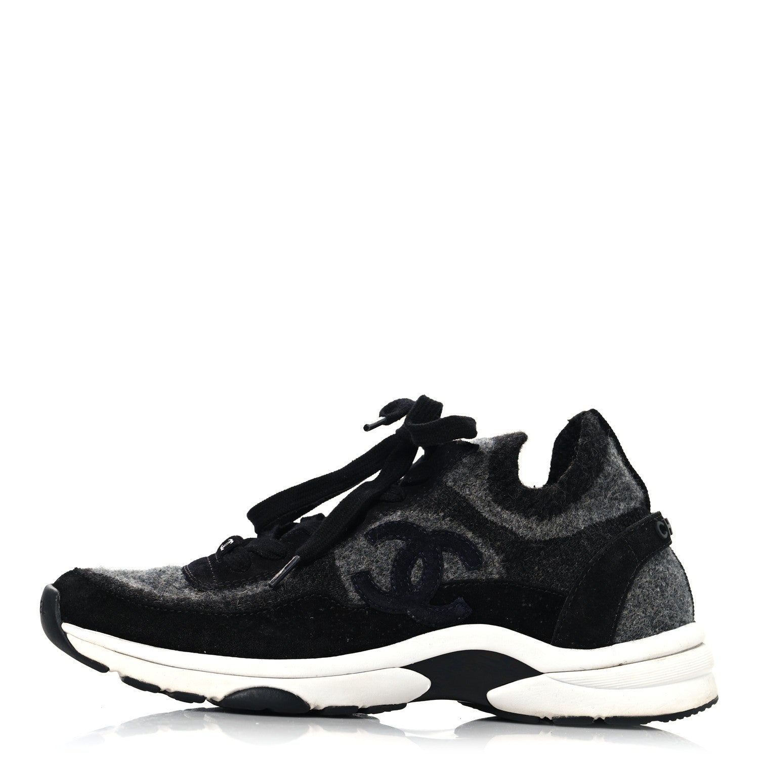 Knit Fabric Suede Calfskin Womens CC Sneakers 38.5 Black Grey
