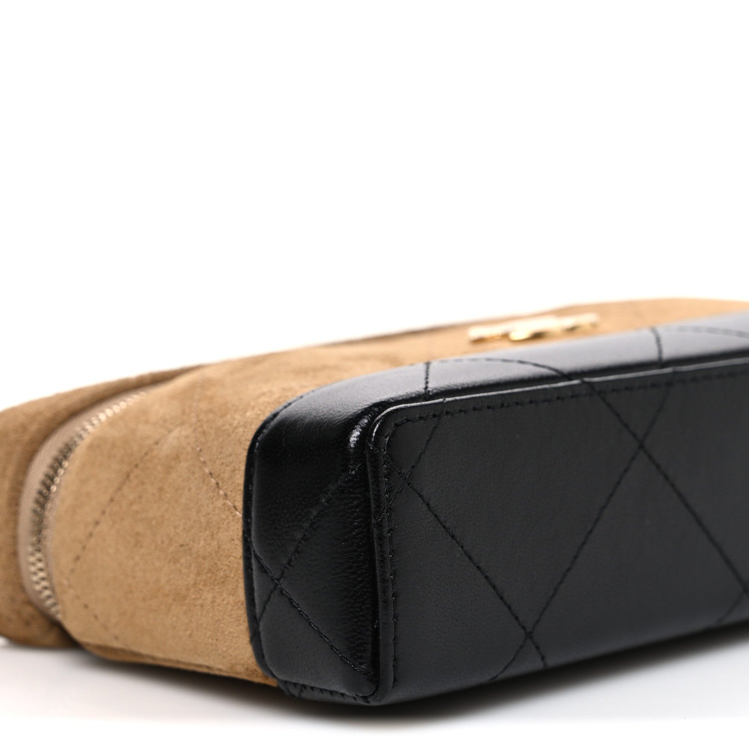 Suede Calfskin Shiny Lambskin Stitched Top Handle Slim Vanity Case With Chain Beige Black