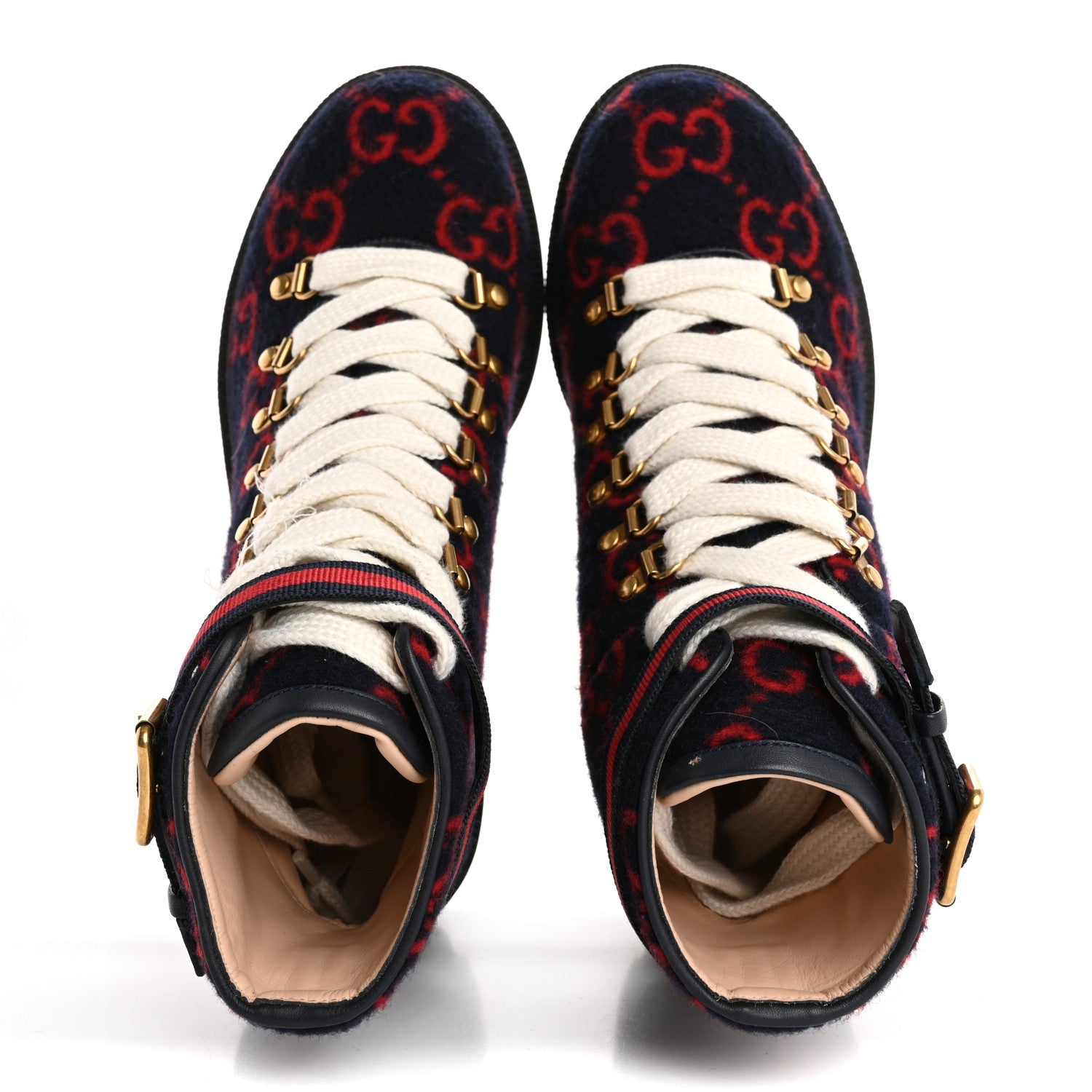 Covered Wool Big GG Monogram Womens Lace Up Combat Ankle Boots 37 Blue Red