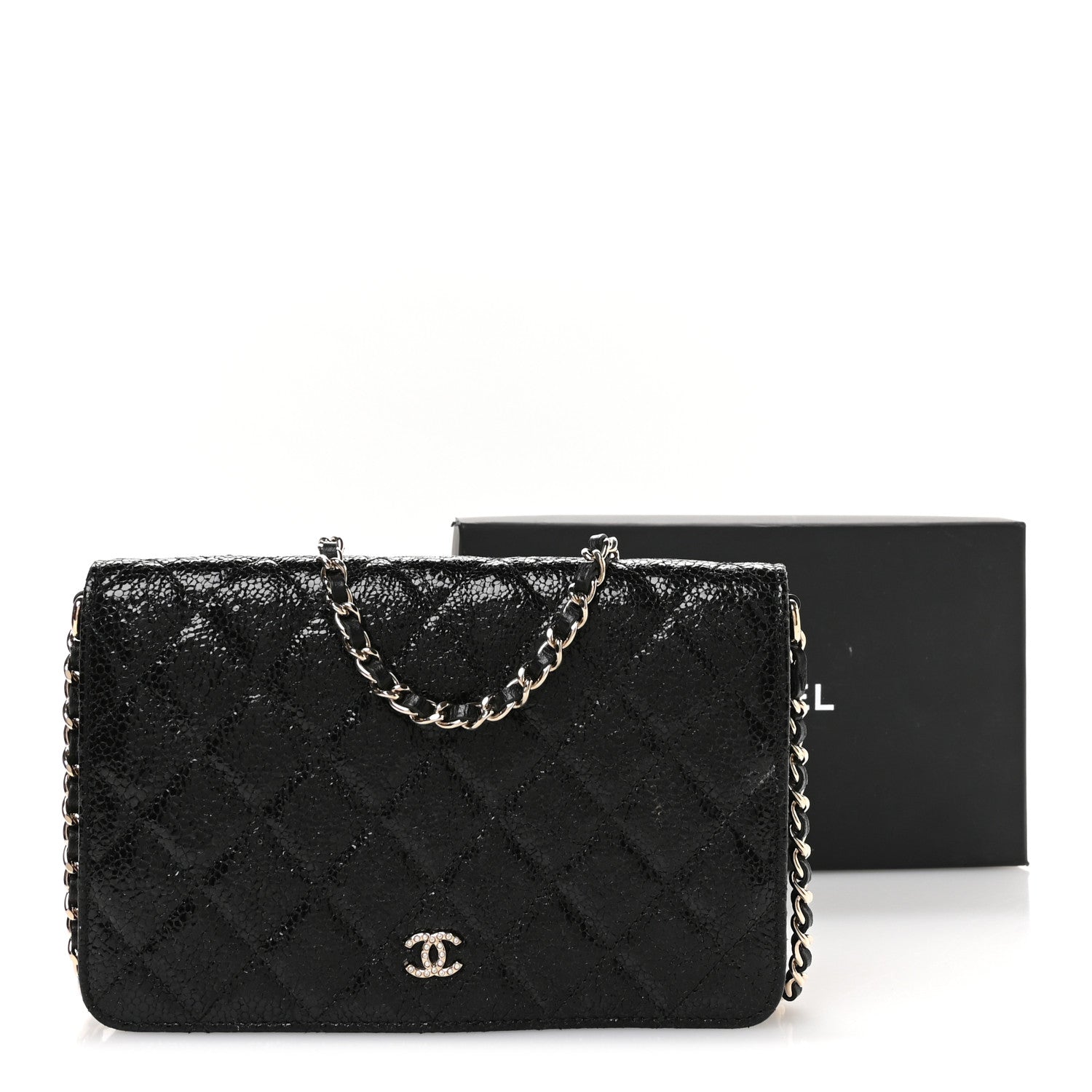 Crackled Patent Calfskin Quilted Pearl Wallet On Chain WOC Black