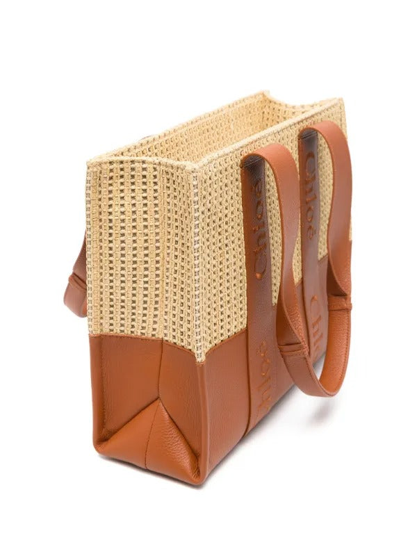 Woody Medium Raffia Leather Tote
