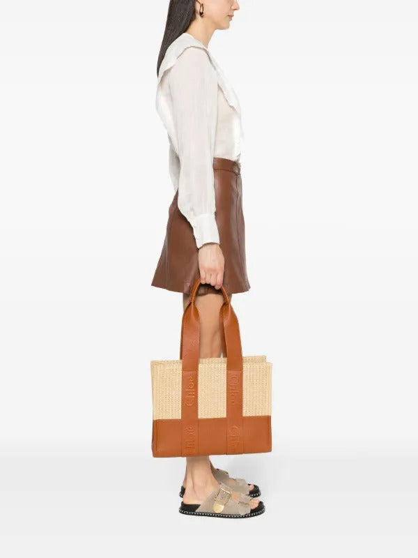 Woody Medium Raffia Leather Tote