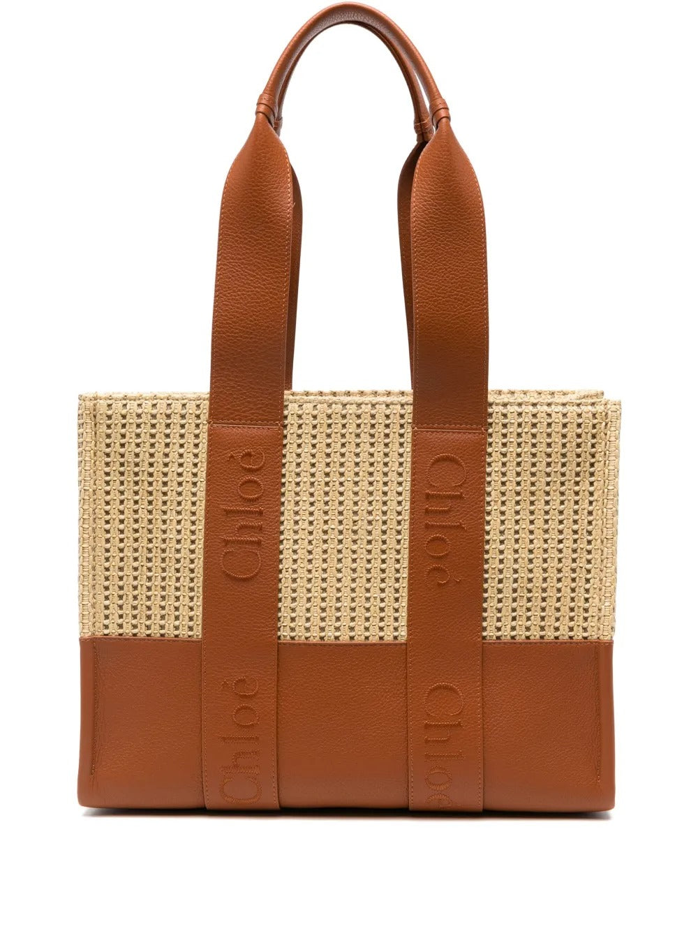 Woody Medium Raffia Leather Tote