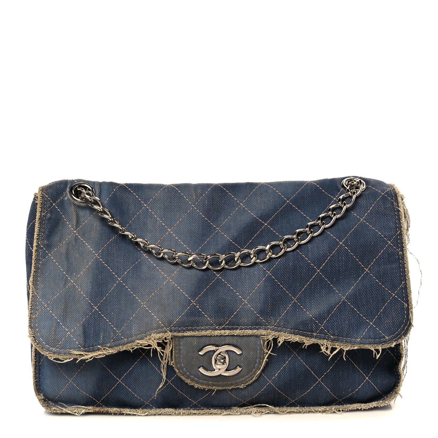 Denim Quilted Jumbo Pompom Flap Dark Blue
