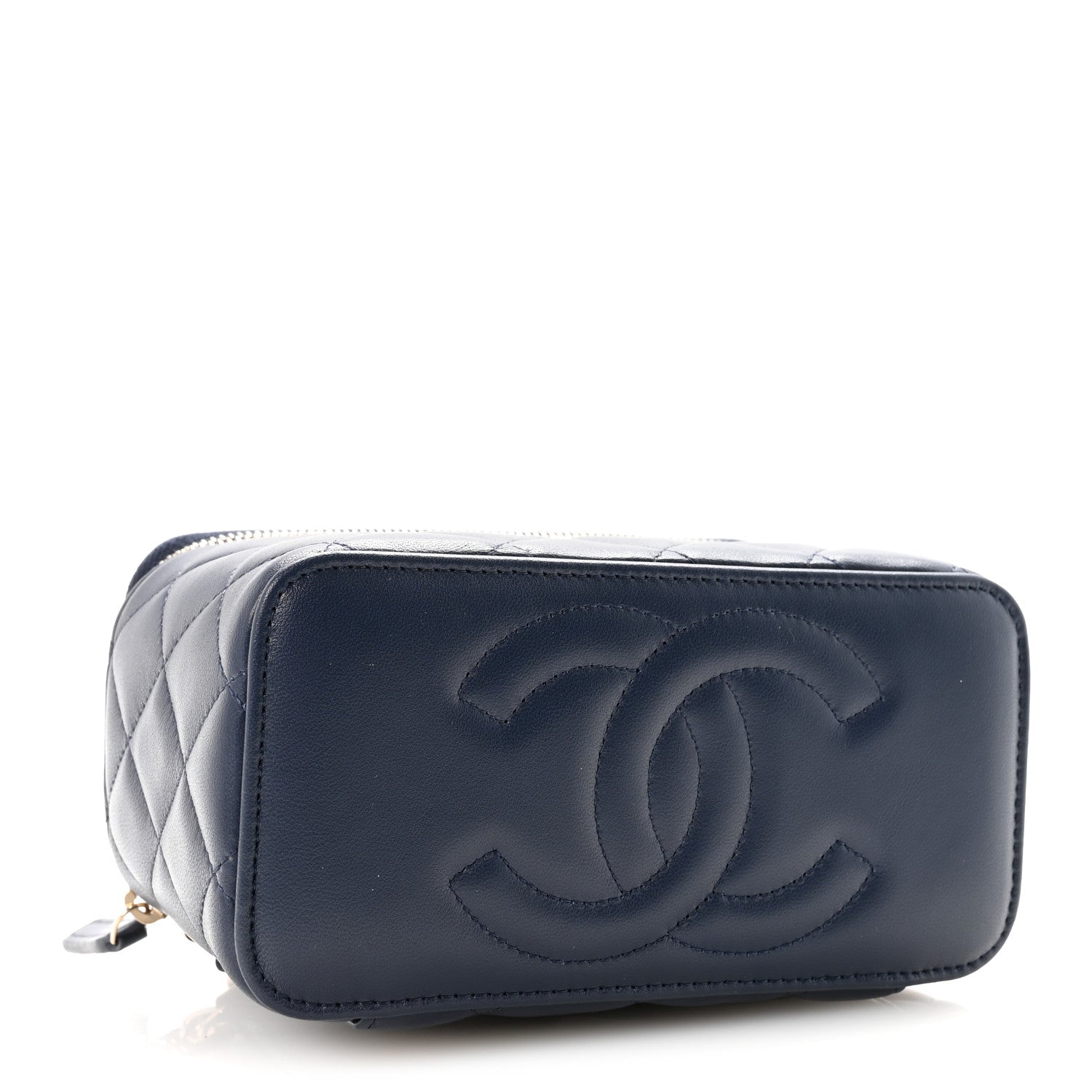 Lambskin Quilted Metal Small Top Handle Vanity Case With Chain Blue