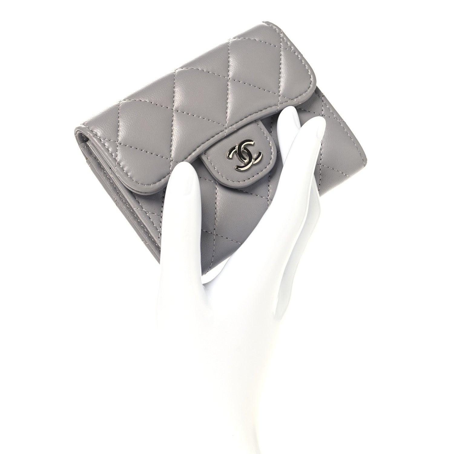 Lambskin Quilted Flap Card Holder Wallet Grey