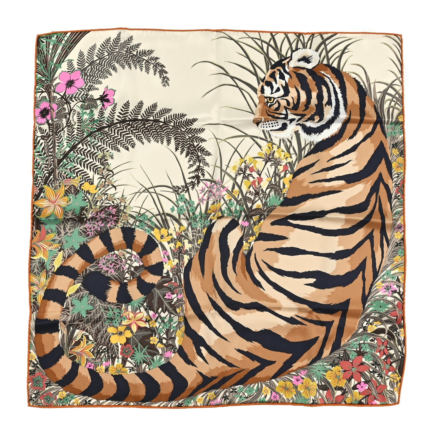Silk Tyger Tyger Scarf 70 Beige Dore Orange Cuit Vert