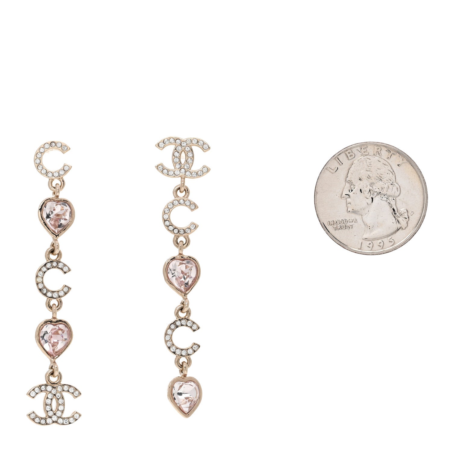 Metal Crystal CC Coco Heart Drop Earrings Gold Pink