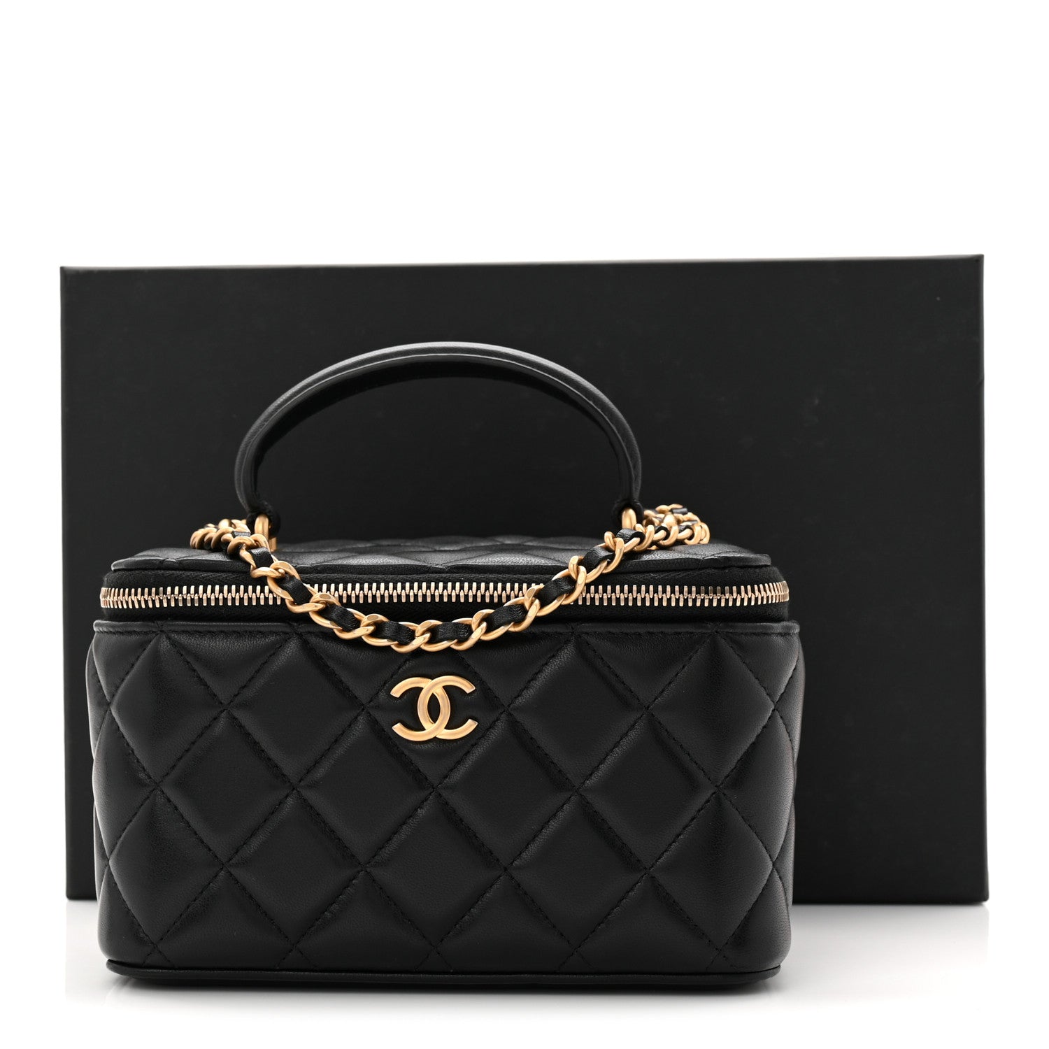 Lambskin Quilted Small Top Handle Vanity Case With Chain Black
