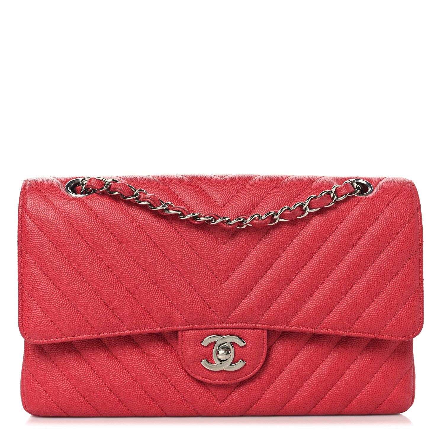 Caviar Chevron Quilted Medium Double Flap Dark Pink
