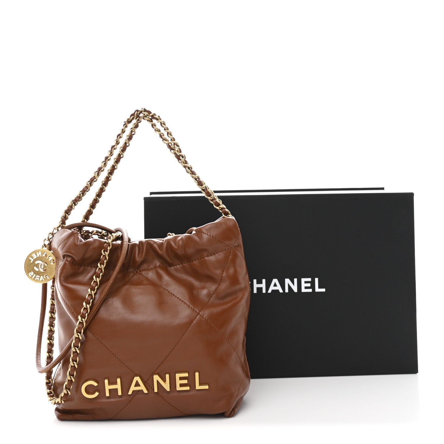 Shiny Calfskin Quilted Mini Chanel 22 Light Brown