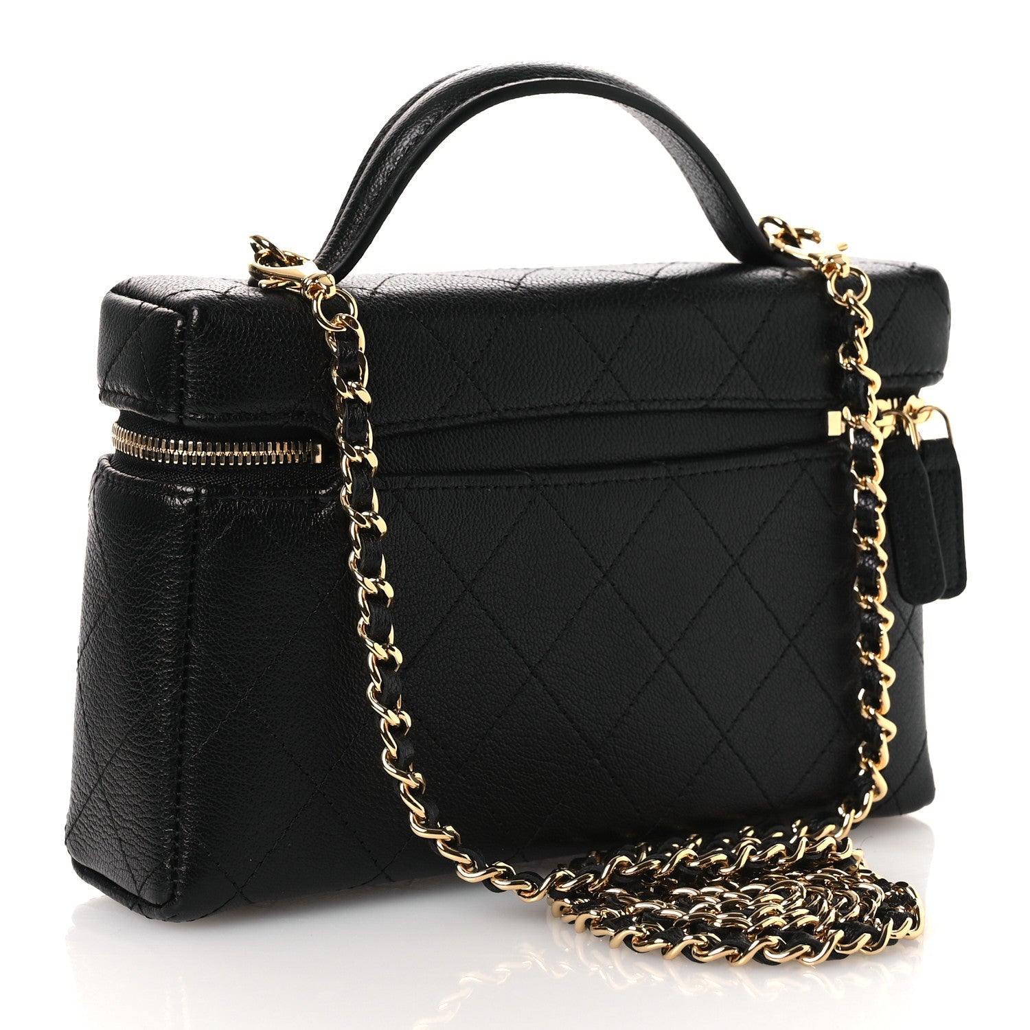 Goatskin Stitched Top Handle Slim Vanity With Chain Black