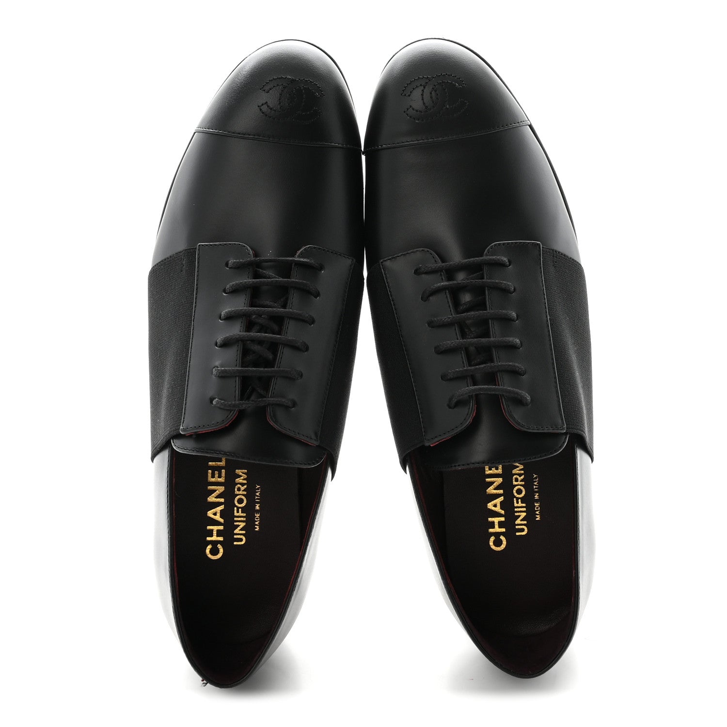 Calfskin Elastic Lace Up Cap Toe CC Loafers 40 Black