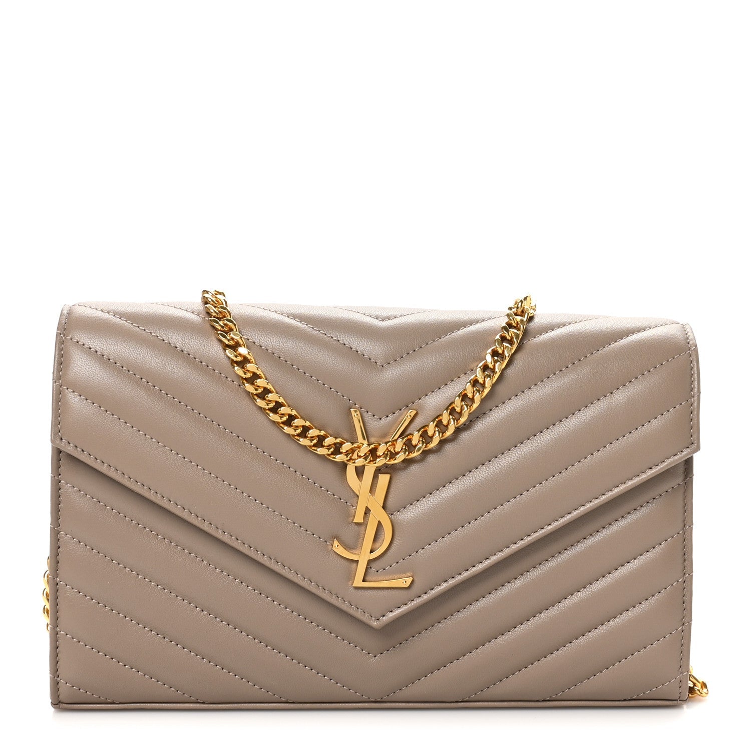 Lambskin Matelasse Chevron Monogram Chain Wallet Dusty Grey