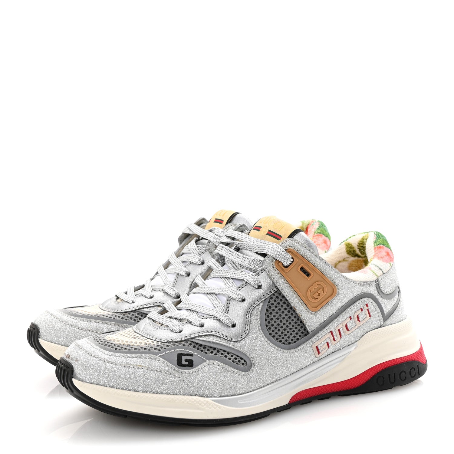 Metallic Calfskin Glitter Mesh Womens Ultrapace Sneakers 38 Silver Light Grey Mystic White