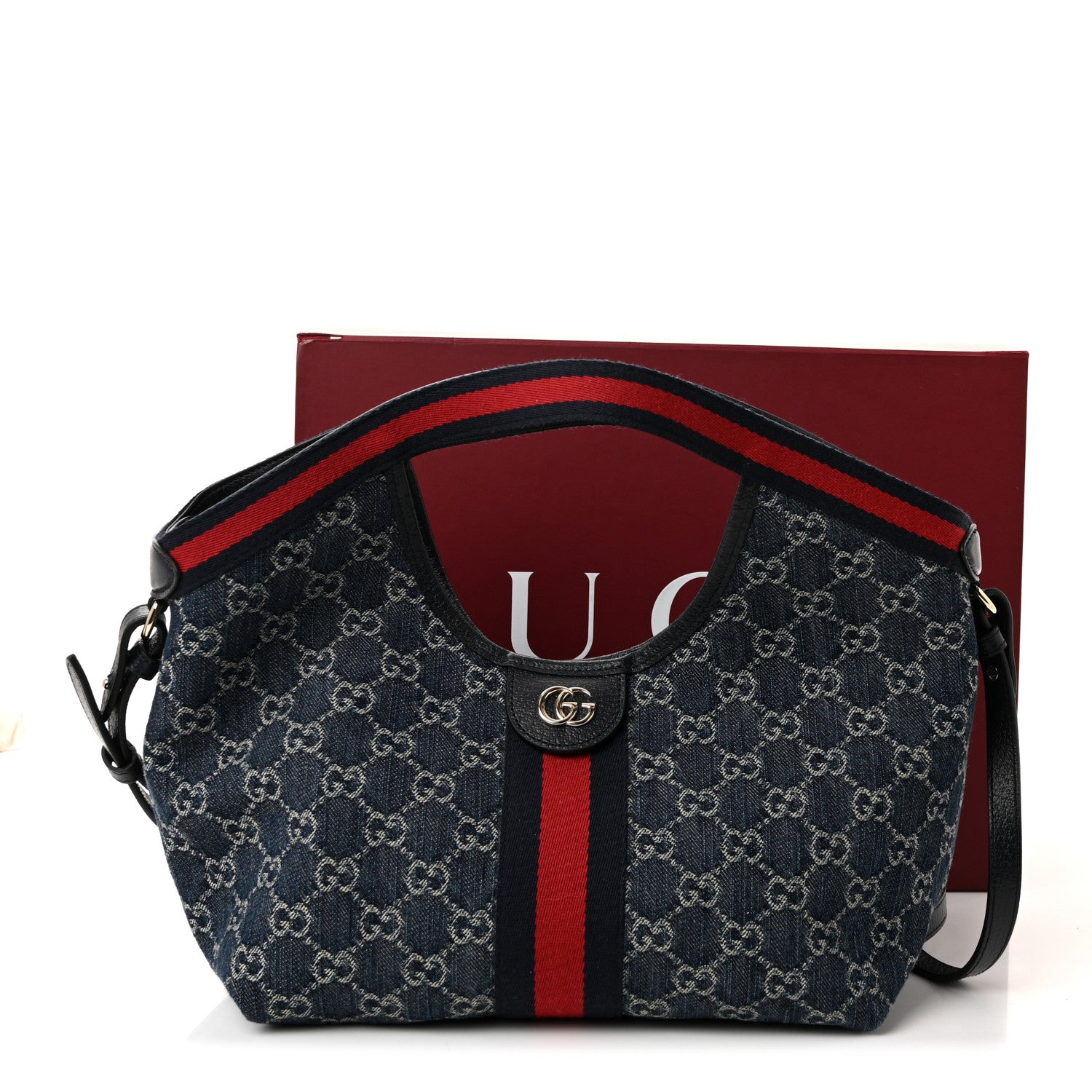 GG Monogram Denim Small Giglio Tote Blue White