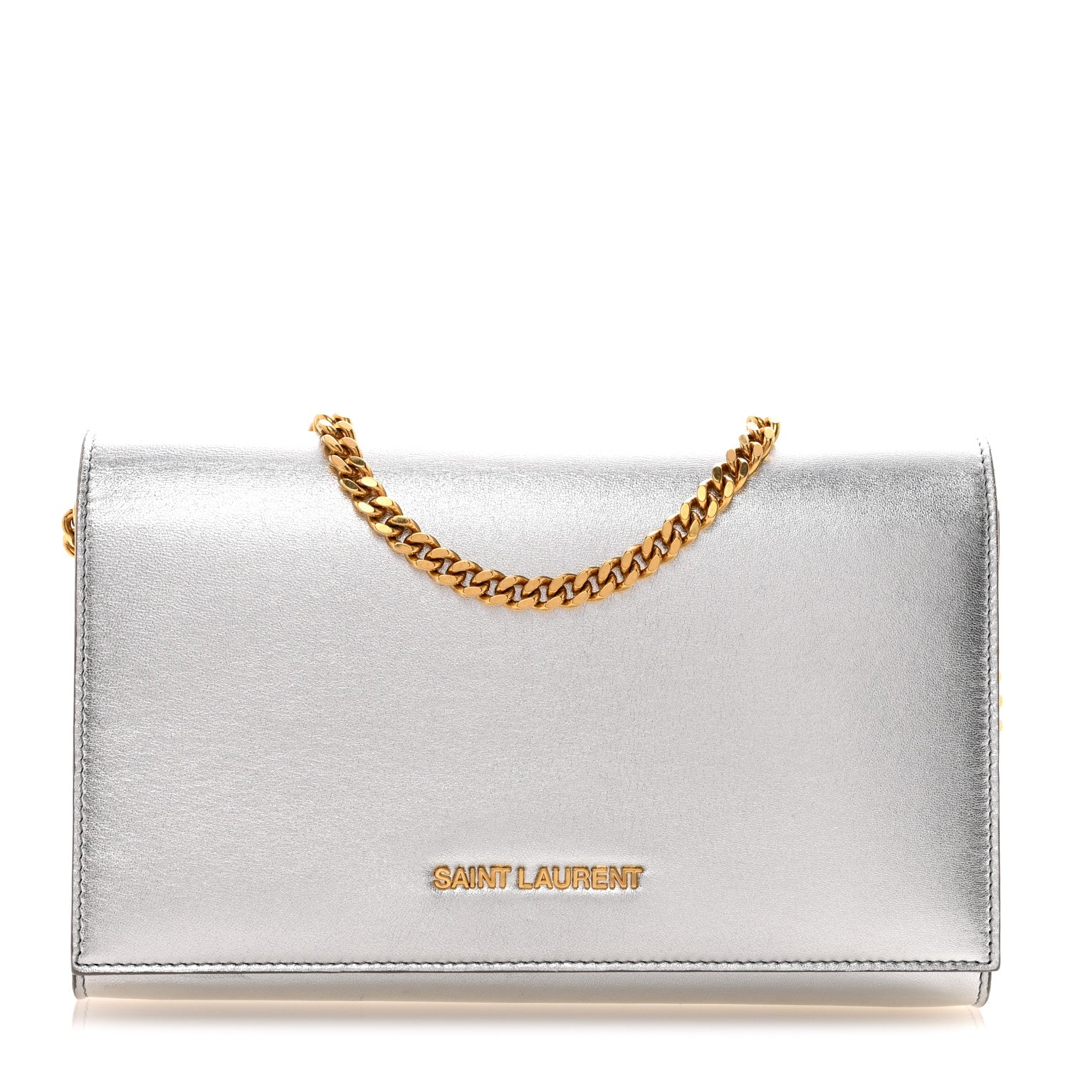Metallic Grained Calfskin Classic Letters Chain Wallet Argento
