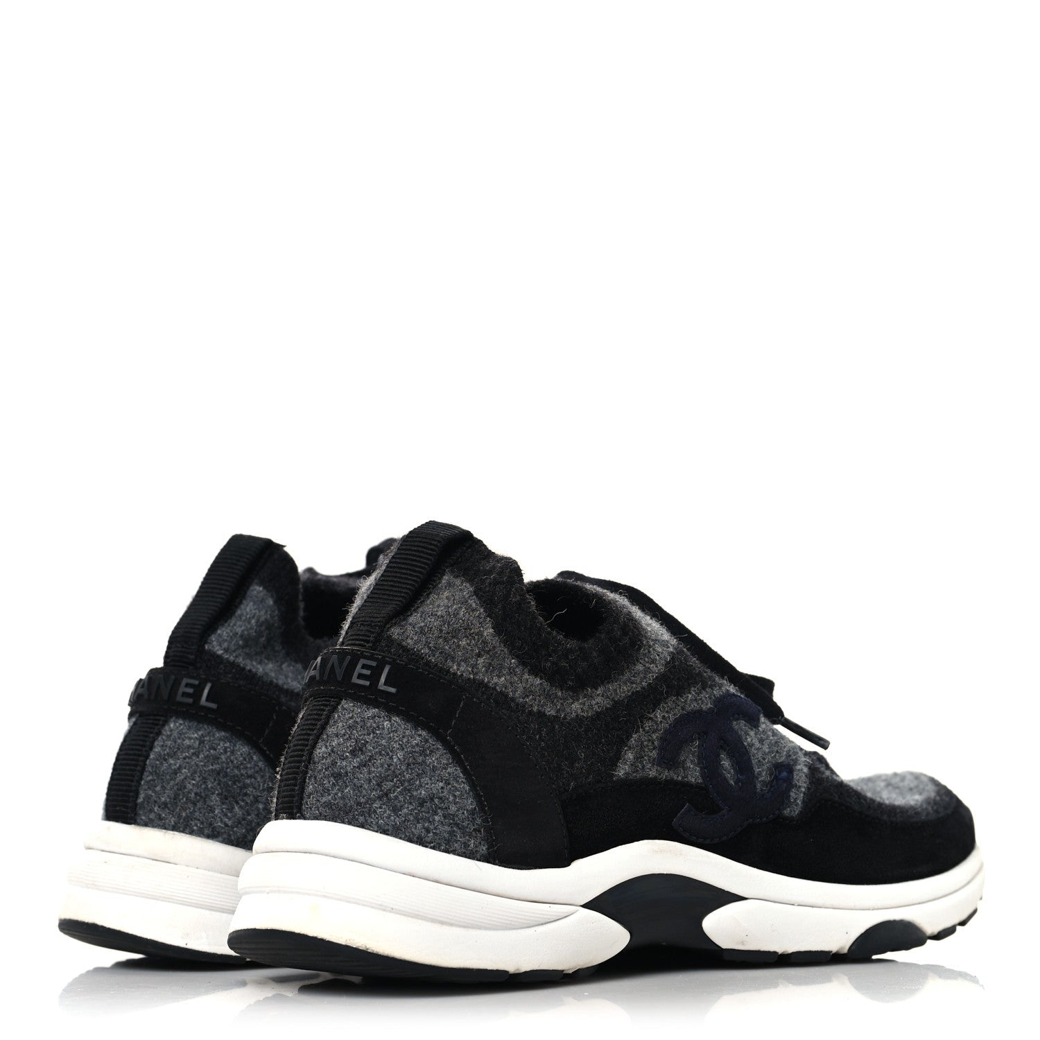 Knit Fabric Suede Calfskin Womens CC Sneakers 38.5 Black Grey