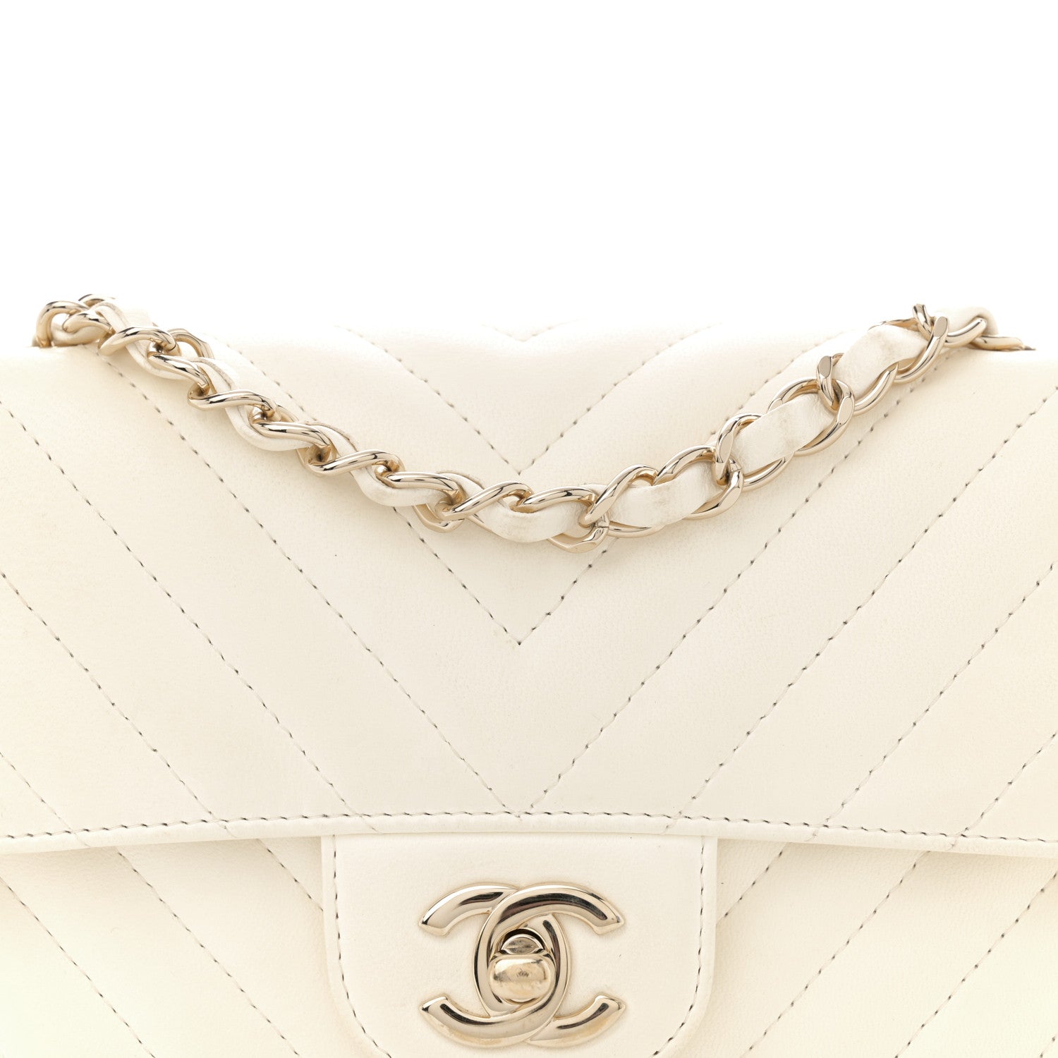 Lambskin Chevron Quilted Mini Rectangular Flap White