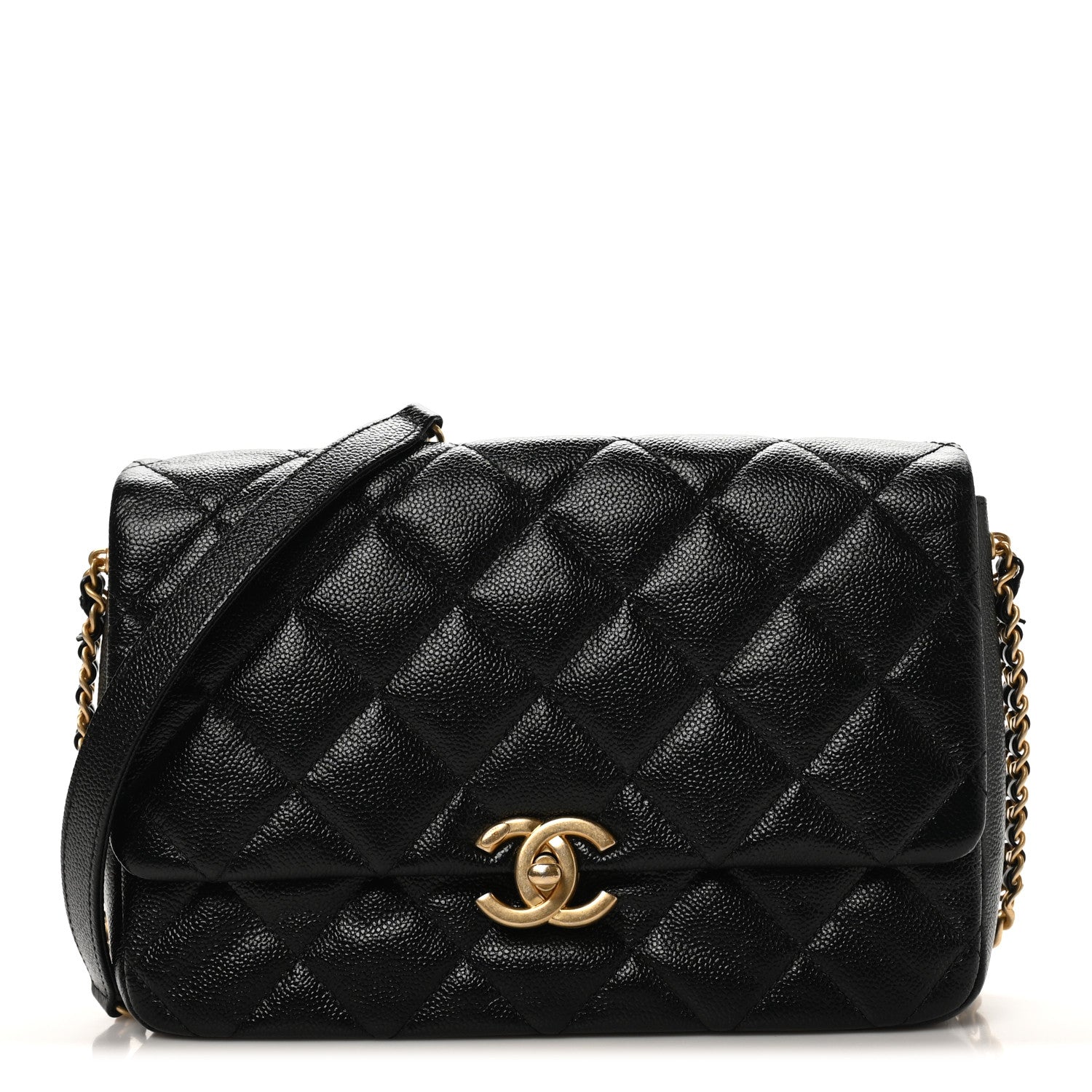 Shiny Caviar Quilted Large Chain Melody Flap Black