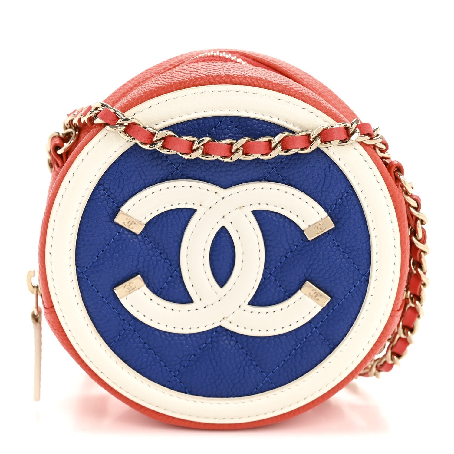 Caviar Quilted Round Filigree Crossbody Blue White Red