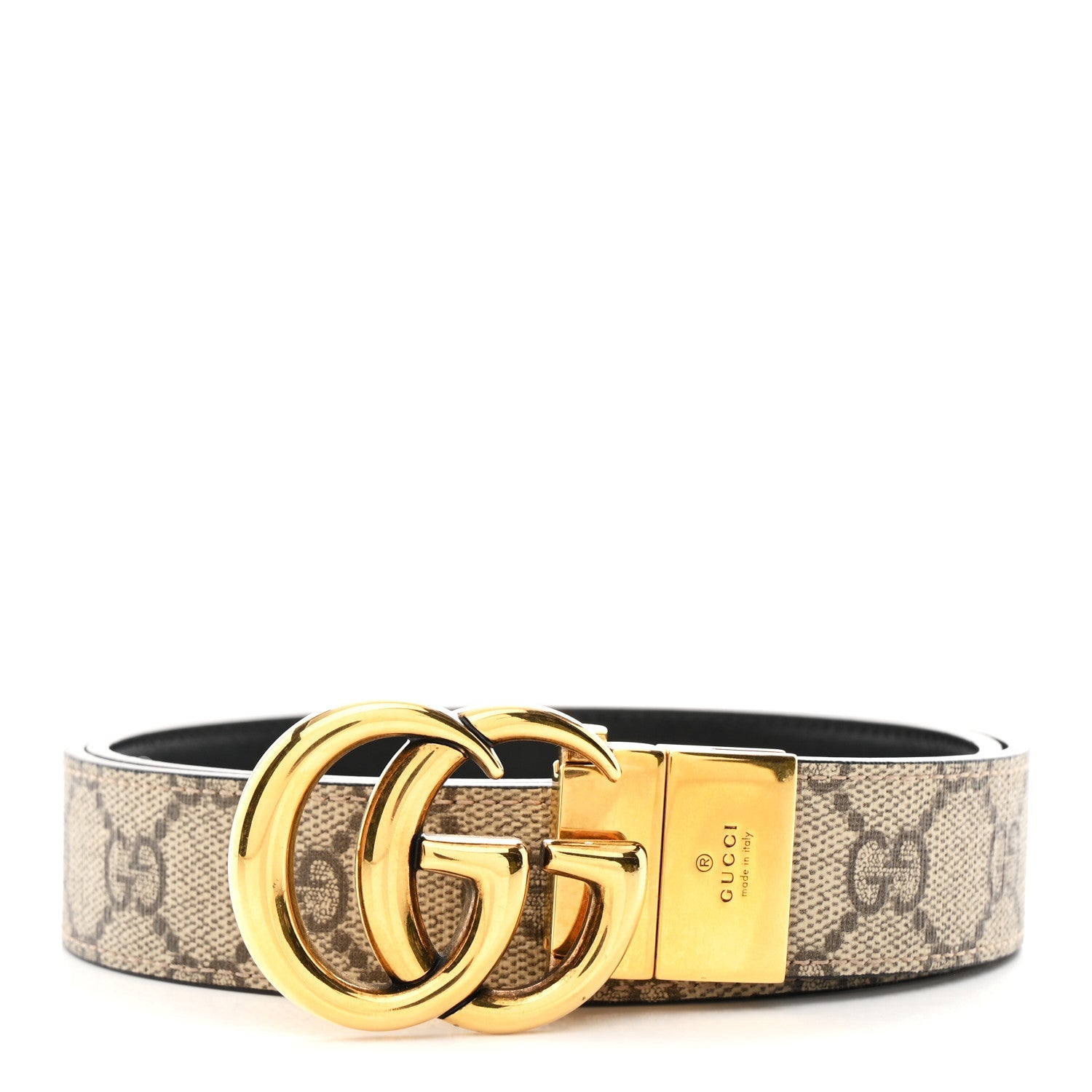GG Supreme Monogram Plutone Calfskin Double G Reversible 30mm Belt 80 32 Beige Ebony Black