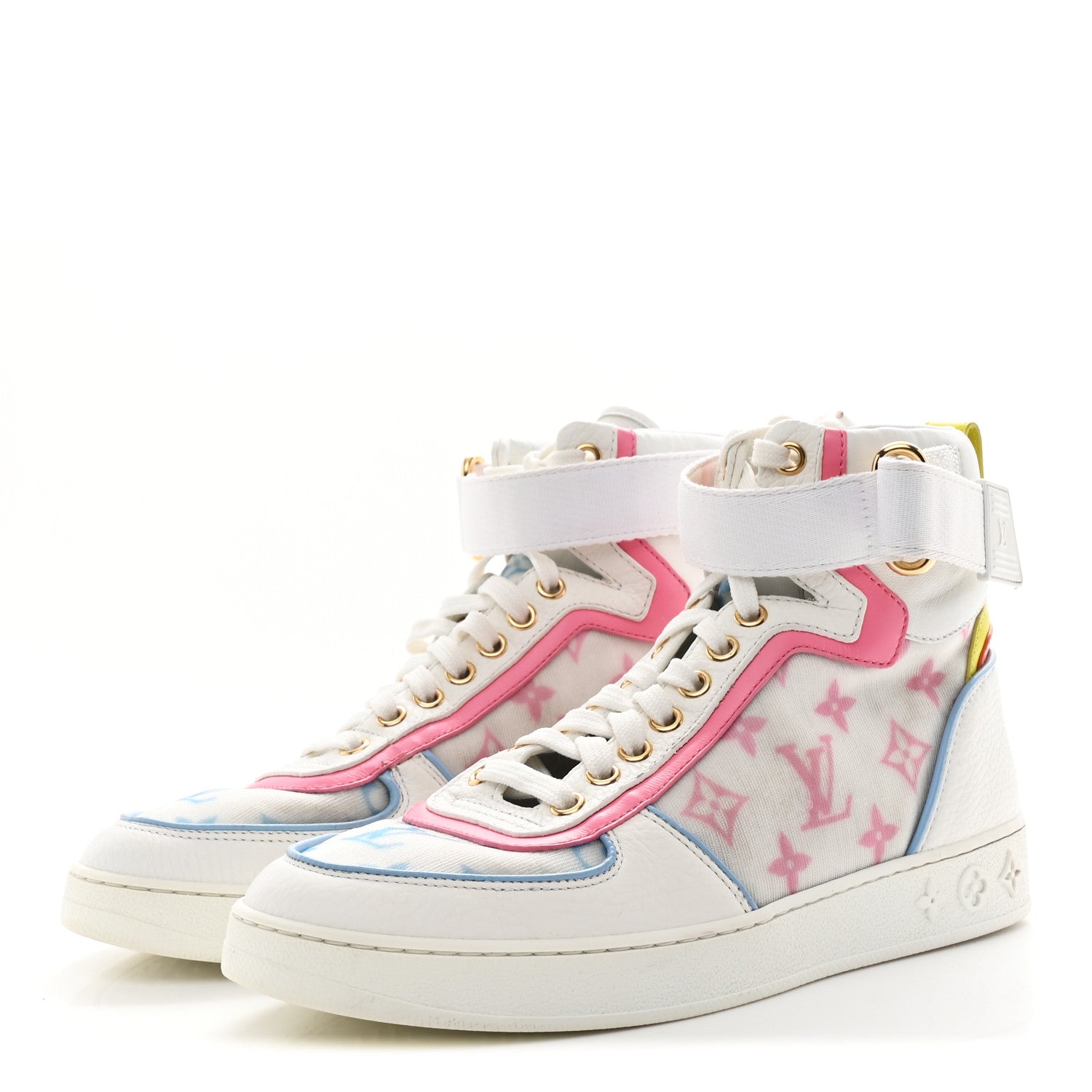 Calfskin Nylon Mesh Monogram Womens Boombox High Top Sneakers 37 Bleu Rose