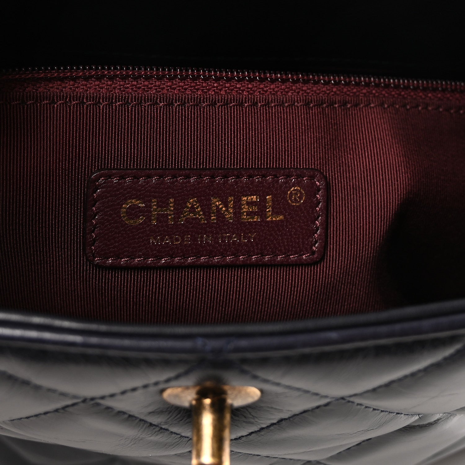 Glazed Calfskin Quilted Gold Bar Tote Dark Navy Blue