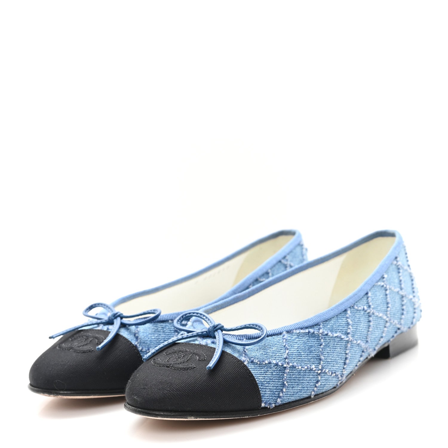Denim Embroidered Grosgrain CC Cap Toe Ballerina Flats 37.5 Blue Black