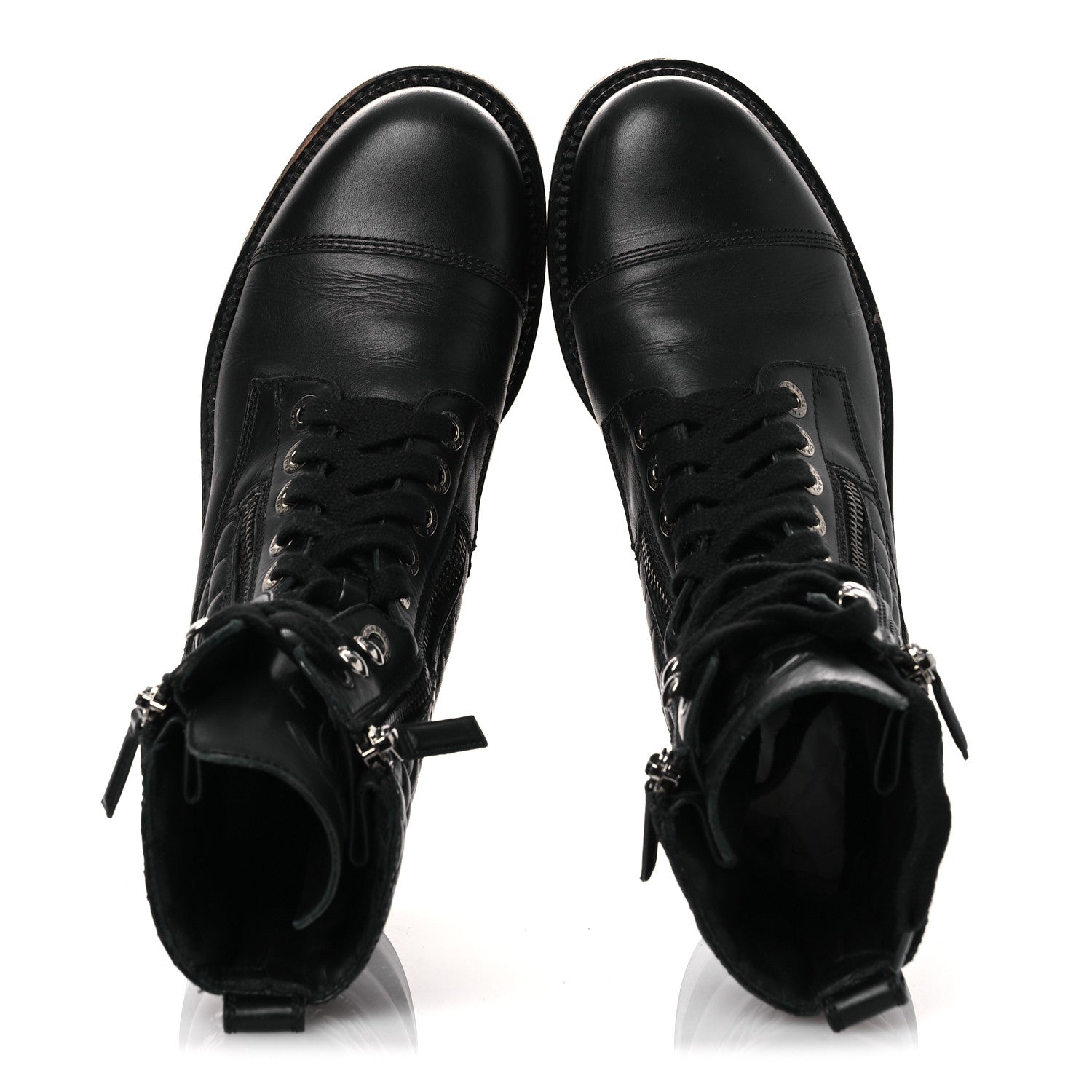 Calfskin Quilted Lace Up Combat Boots 37.5 Black