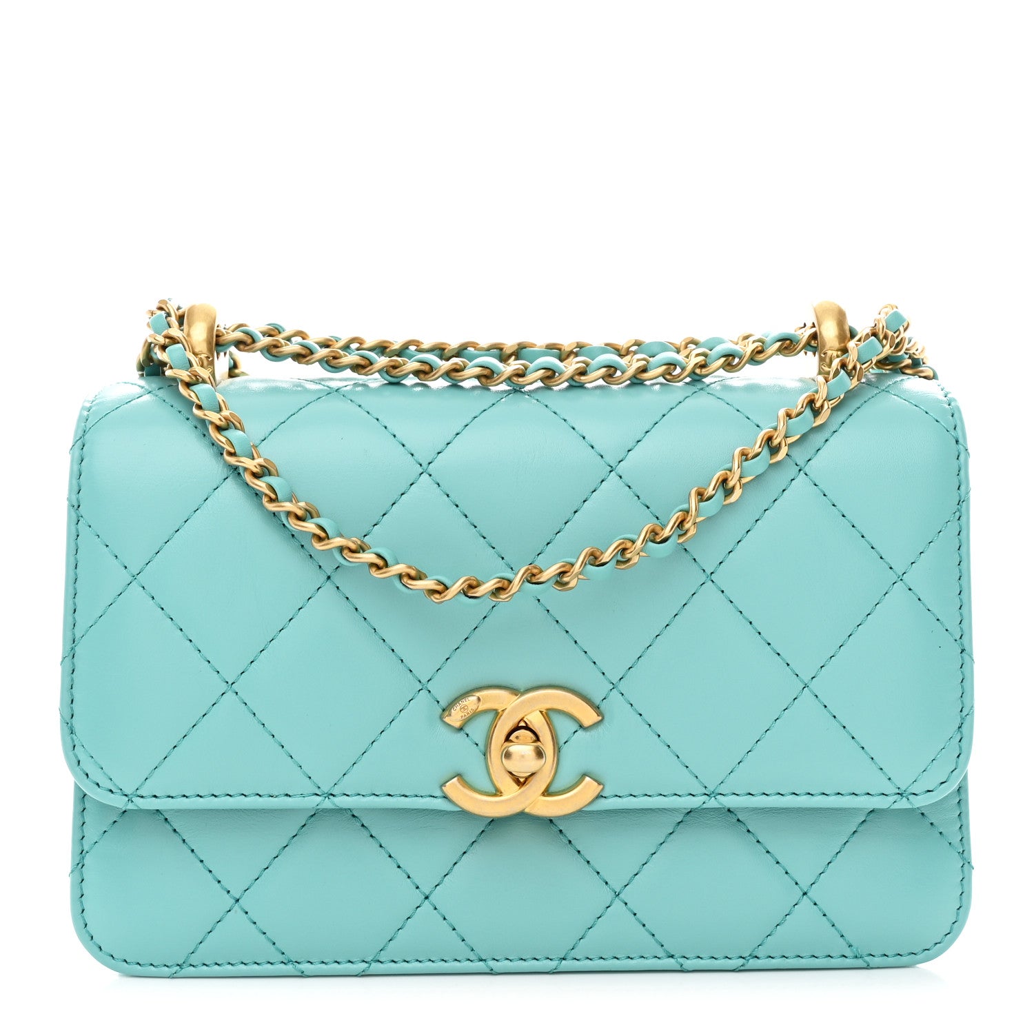 Calfskin Quilted Mini Perfect Fit Flap Turquoise