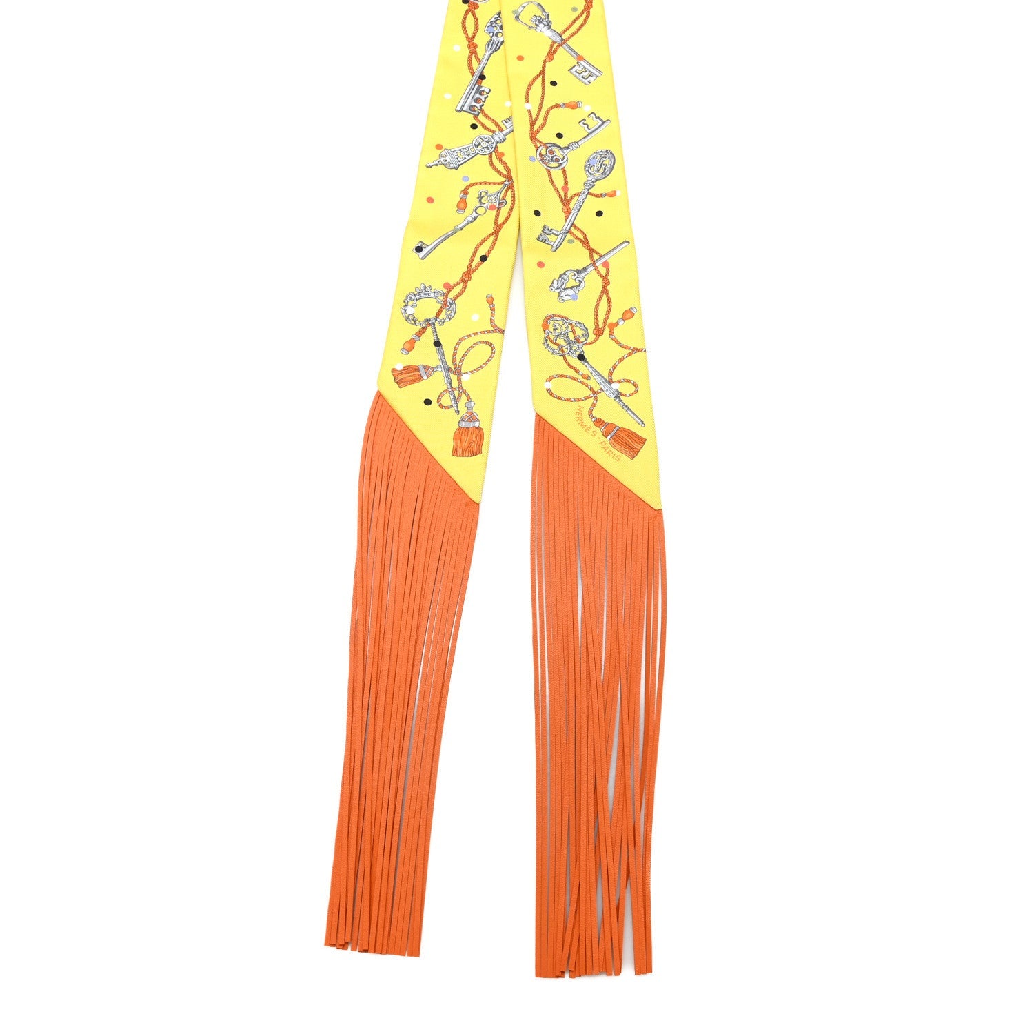Silk Calfskin Les Cles A Pois Fringed Twilly Jaune Argent Orange Vif