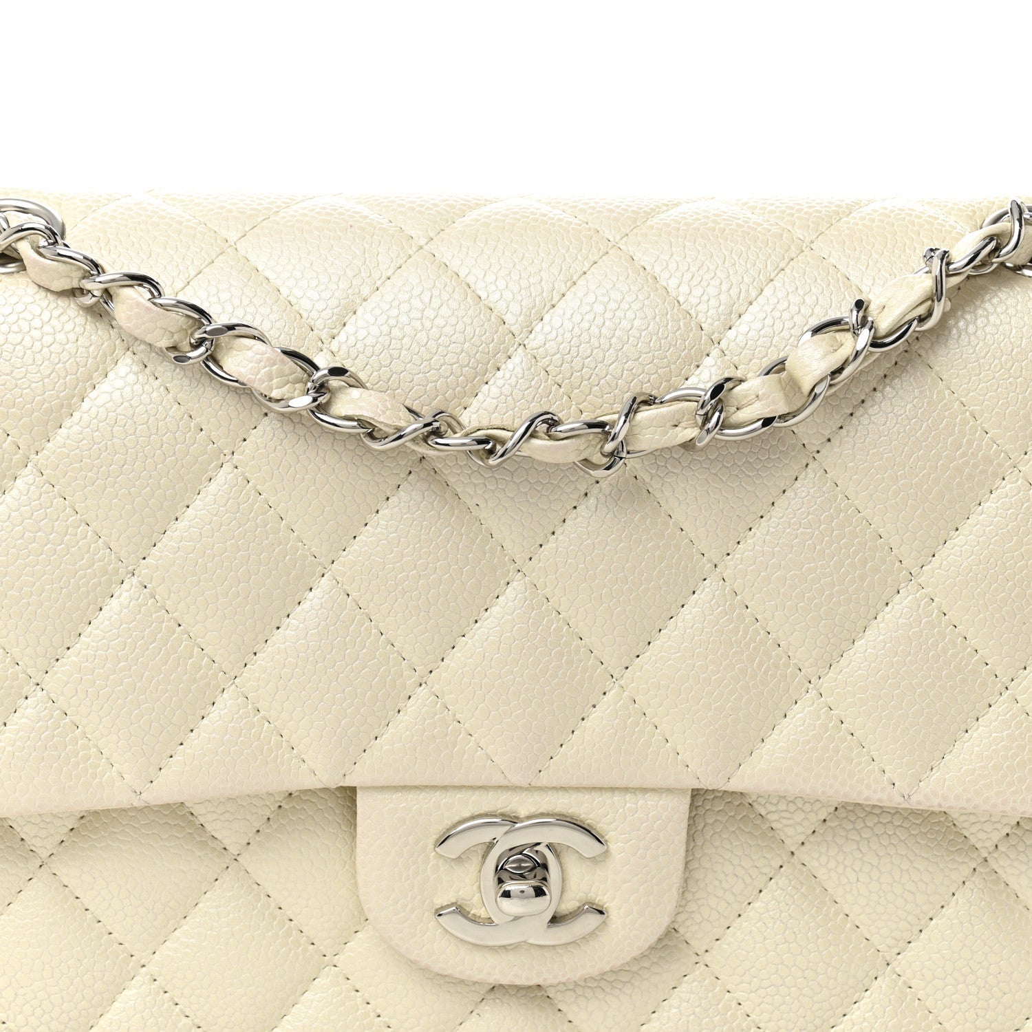 Iridescent Caviar Quilted Medium Double Flap White