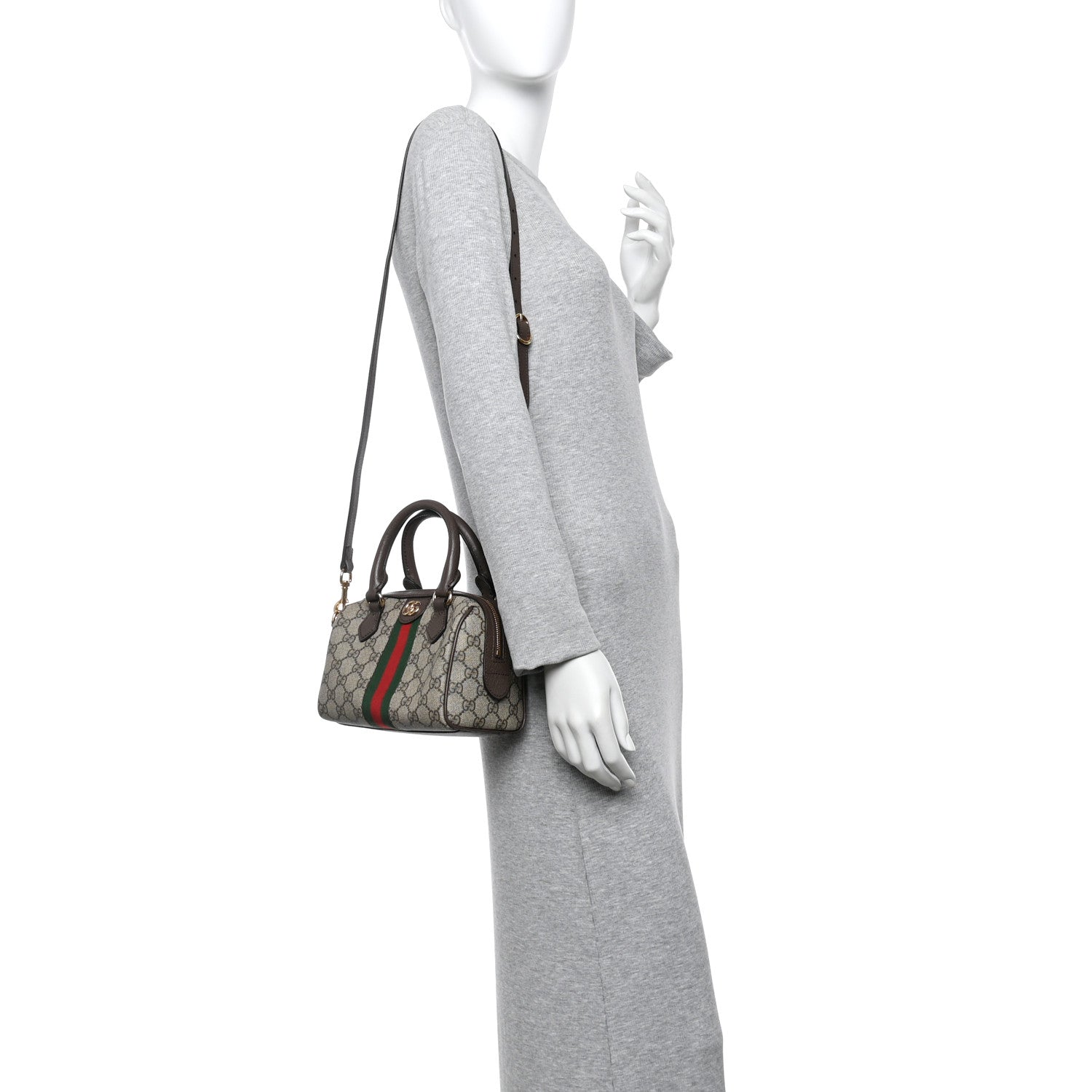 GG Supreme Monogram Textured Dollar Calfskin Web Mini Ophidia Top Handle Bag Beige Ebony New Acero