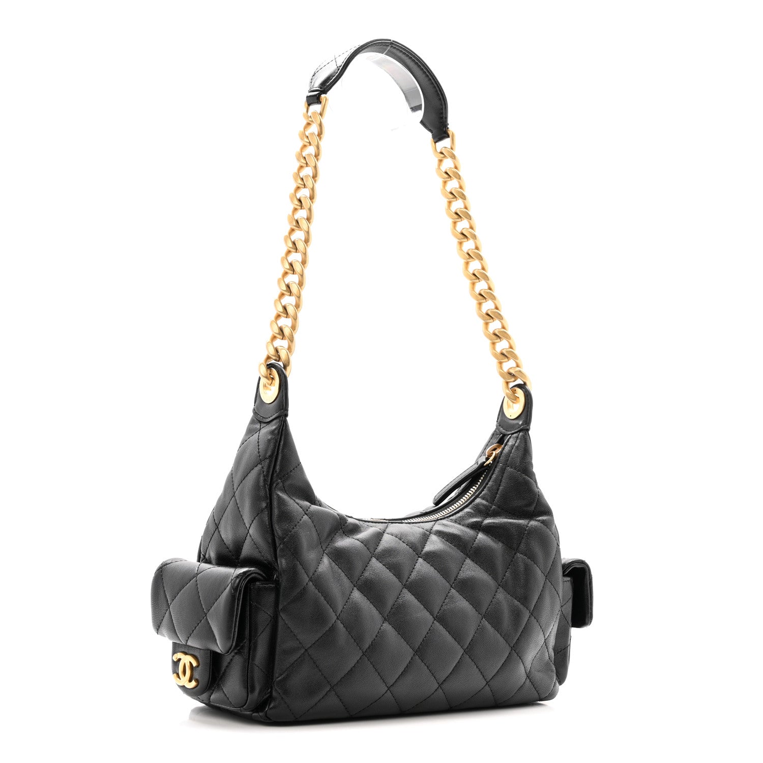 Shiny Lambskin Quilted Trendy Pockets Hobo Black